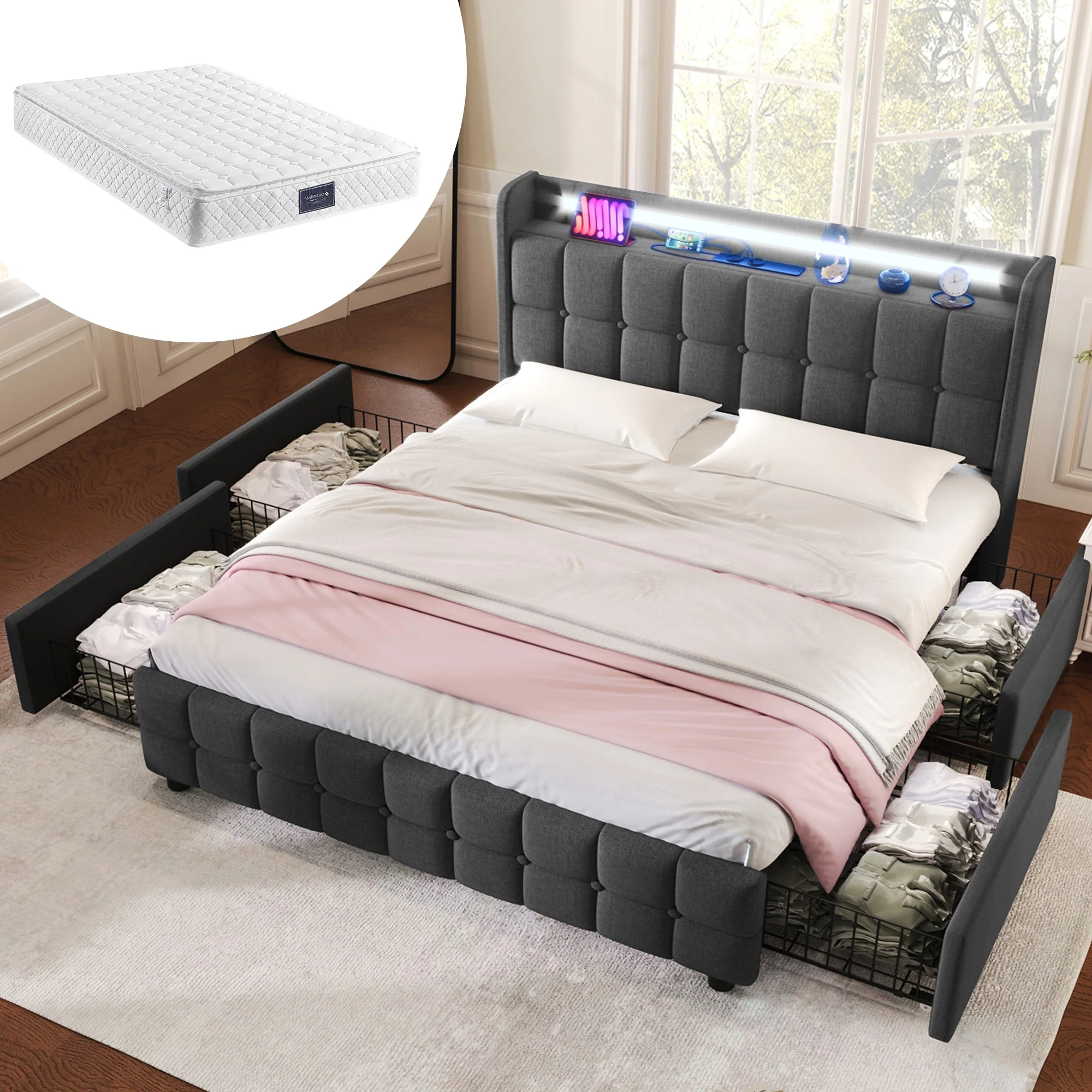 Upholstered Bed, USB Charging LED Headboard 4-Drawer Storage, 140x200cm Gray