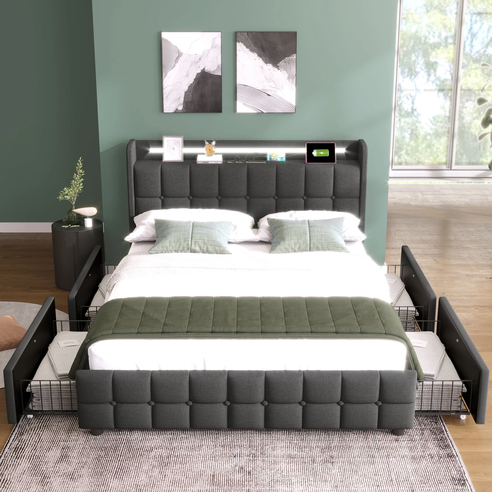 Upholstered Bed, USB Charging LED Headboard 4-Drawer Storage, 140x200cm Gray - Image 3