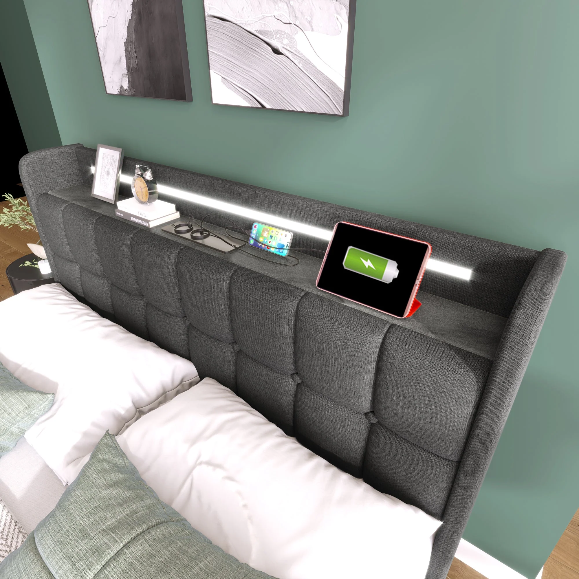 Upholstered Bed, USB Charging LED Headboard 4-Drawer Storage, 140x200cm Gray - Image 4