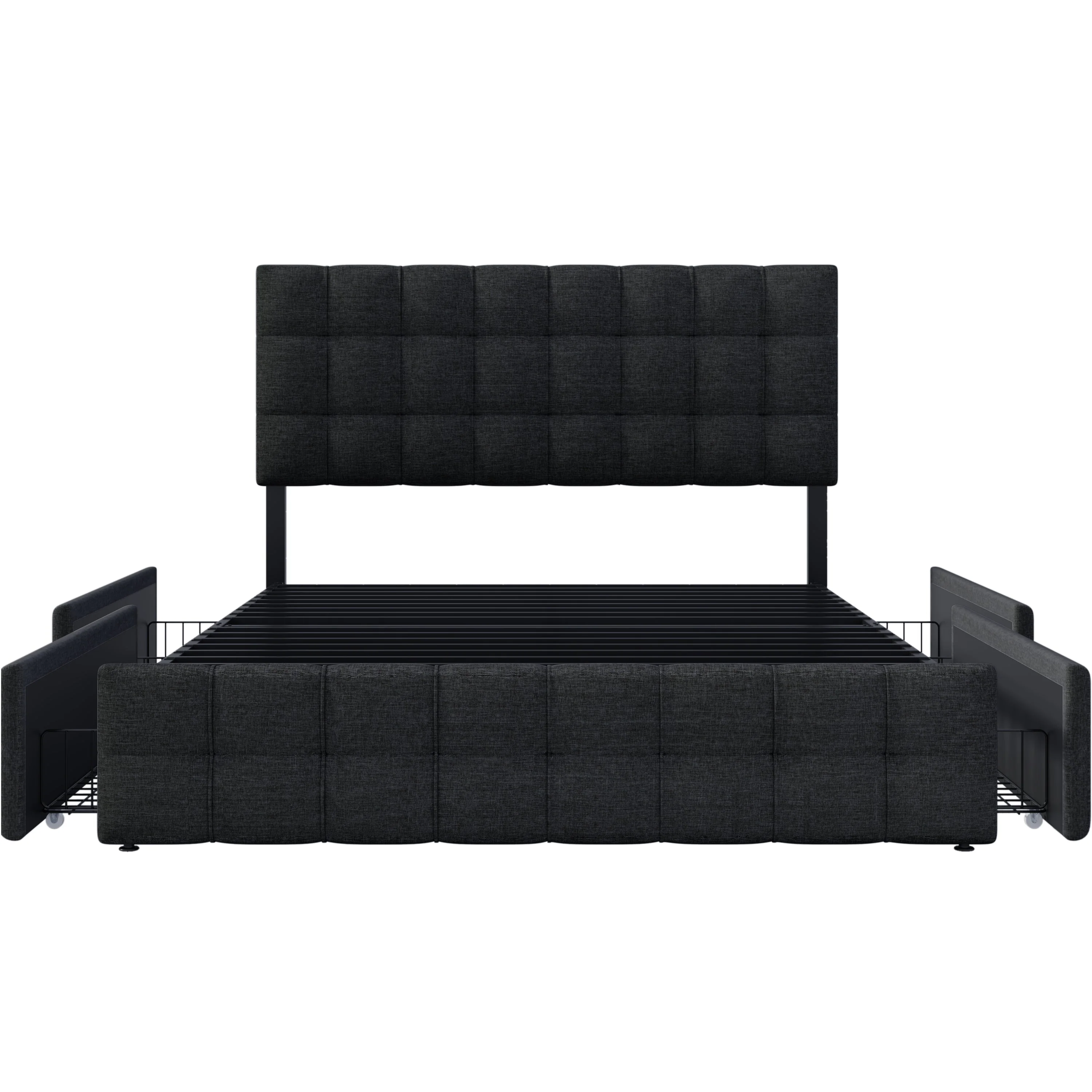 Upholstered Bed with 4 Drawers, Adjustable Headboard, 140x200cm, Black Linen - Image 7