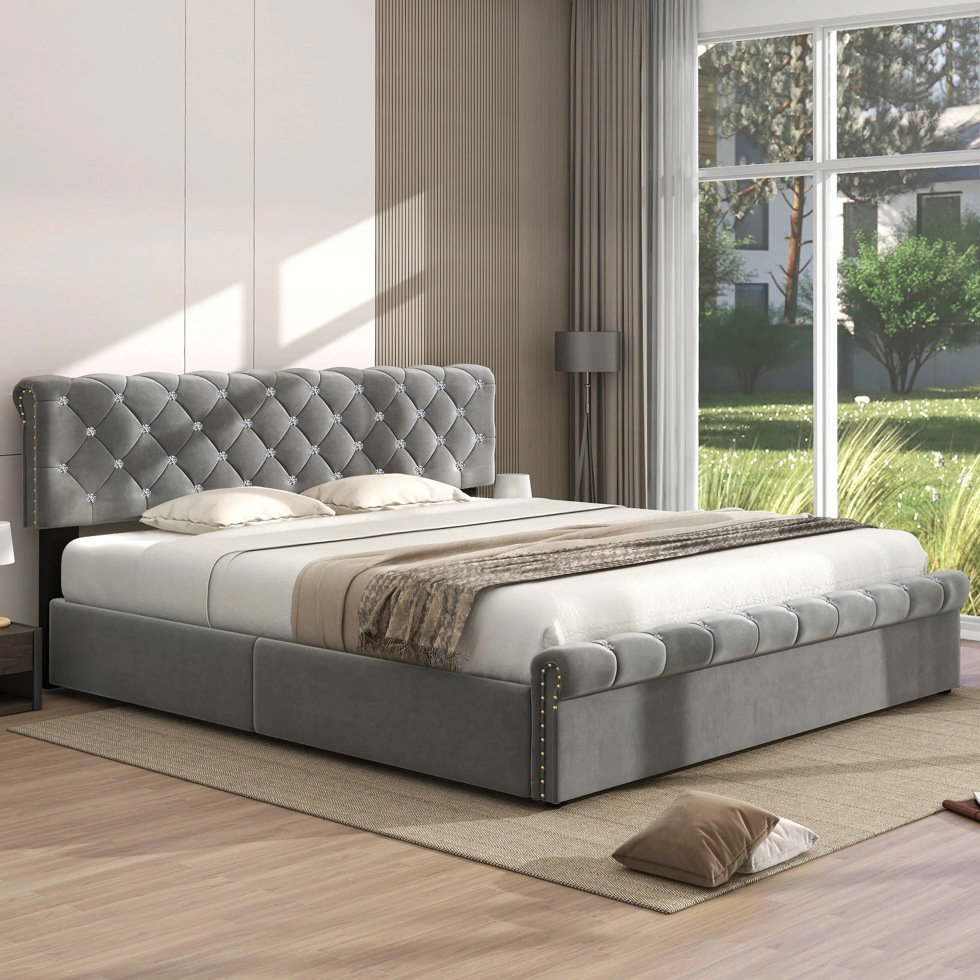Upholstered Bed with Adjustable Headboard and Slatted Base, 160x200cm, Grey Velvet - Image 3