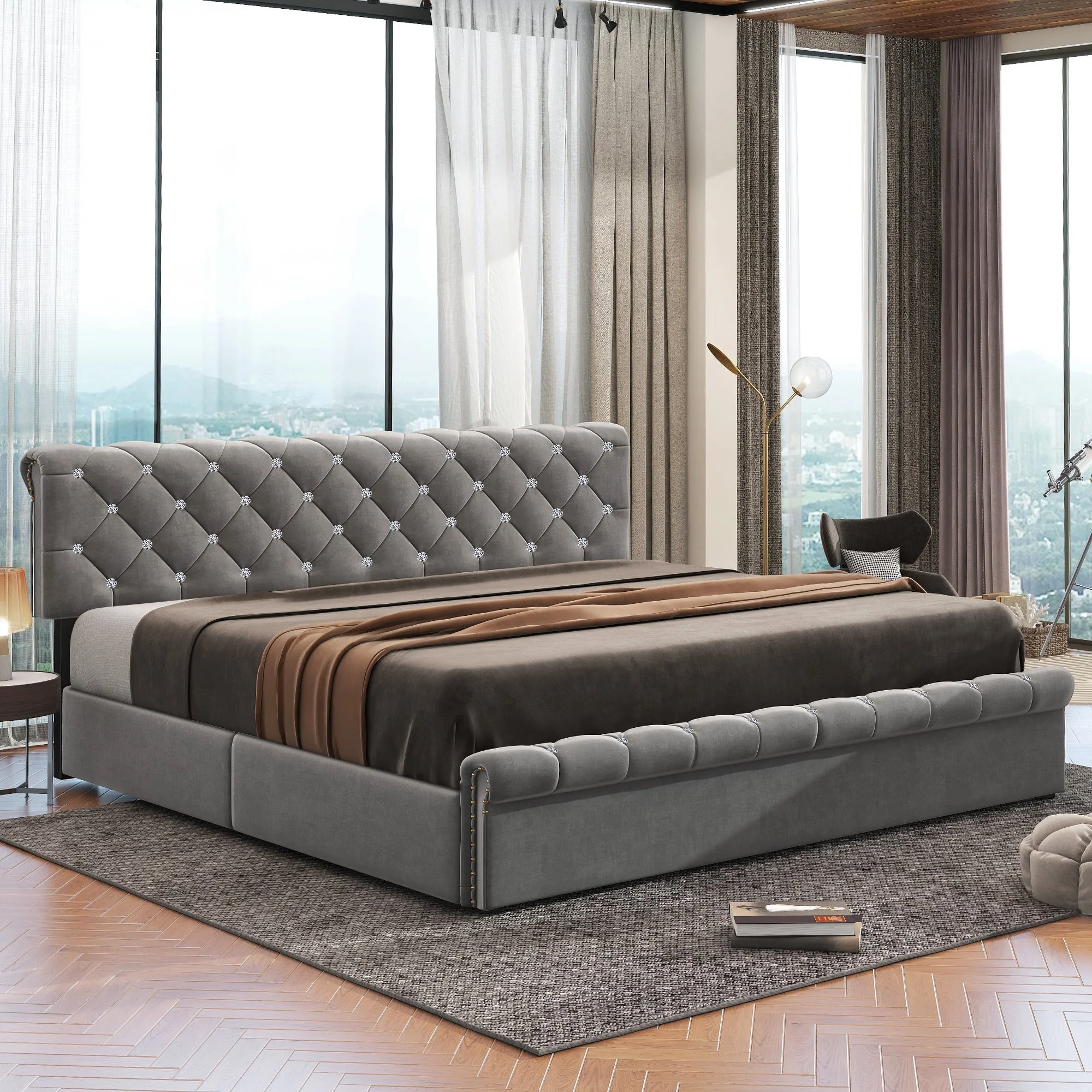 Upholstered Bed with Adjustable Headboard and Slatted Base, 160x200cm, Grey Velvet - Image 5