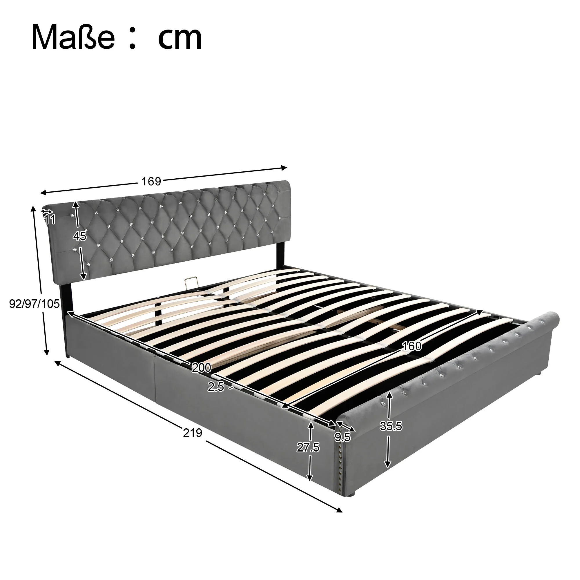 Upholstered Bed with Adjustable Headboard and Slatted Base, 160x200cm, Grey Velvet - Image 6