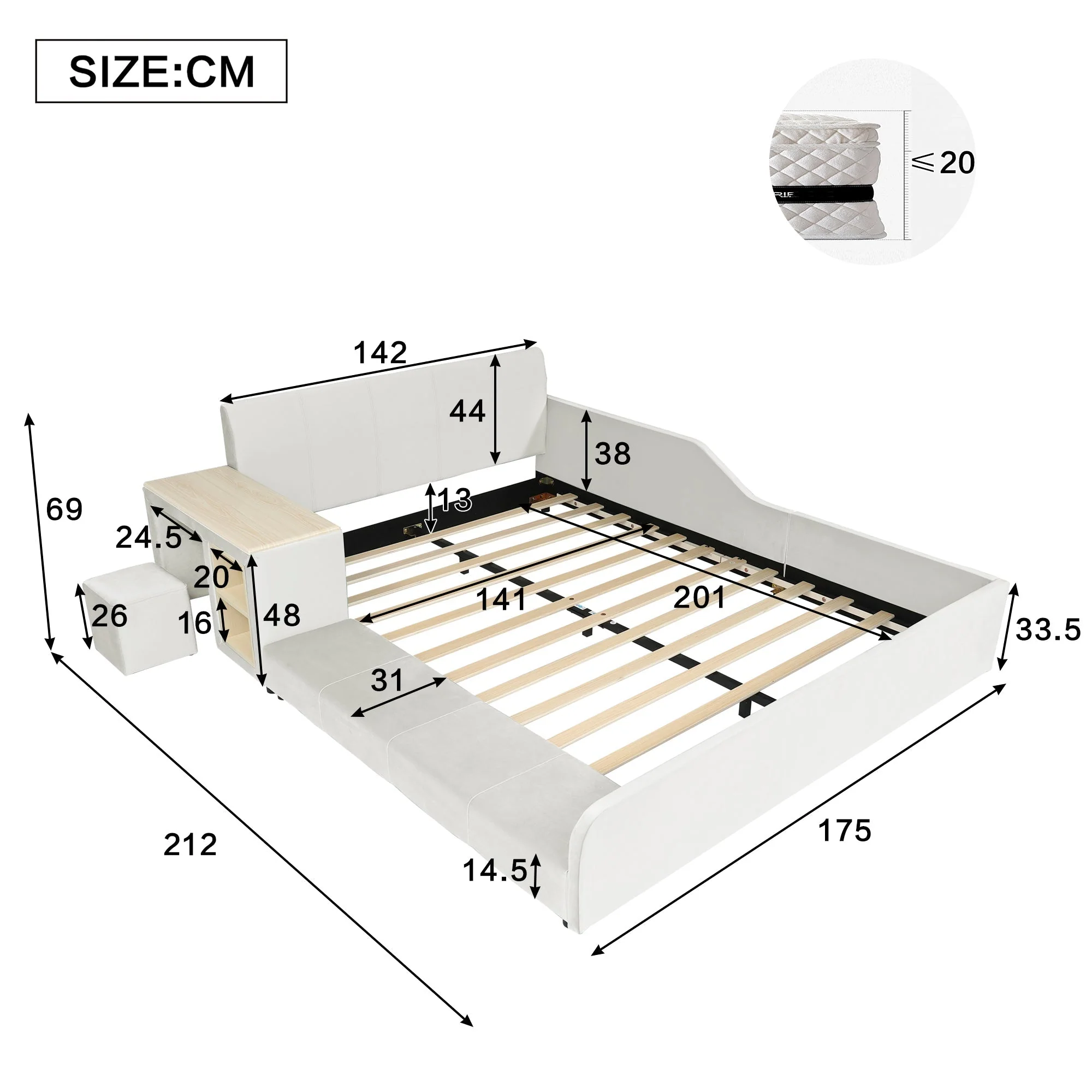 Upholstered Bed with Desk, Stool and Storage Shelf, 140x200cm, White Velvet - Image 7