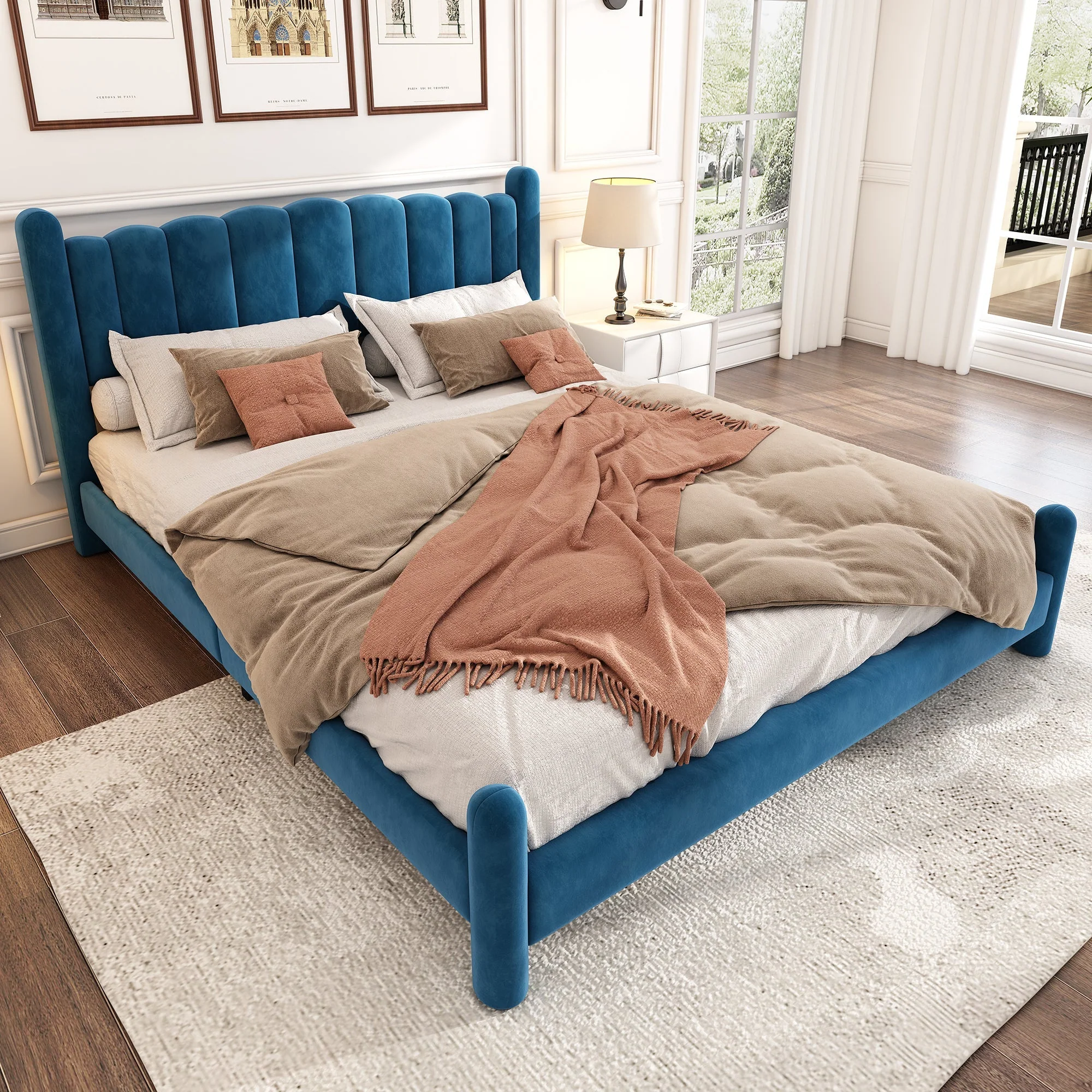 Upholstered Bed with Fan-Shaped Headboard and Slatted Base, 160x200cm, Blue Velvet - Image 2