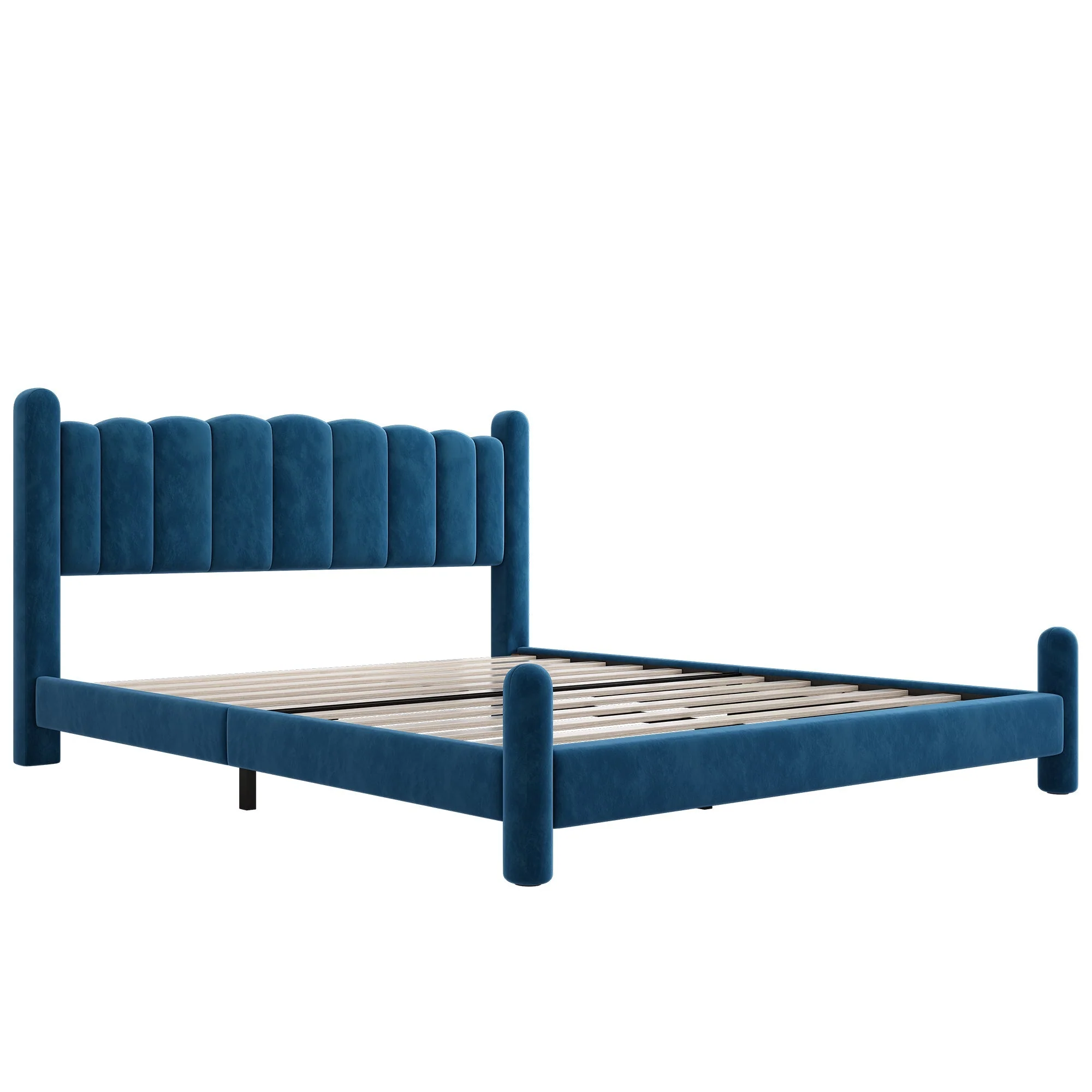 Upholstered Bed with Fan-Shaped Headboard and Slatted Base, 160x200cm, Blue Velvet - Image 8