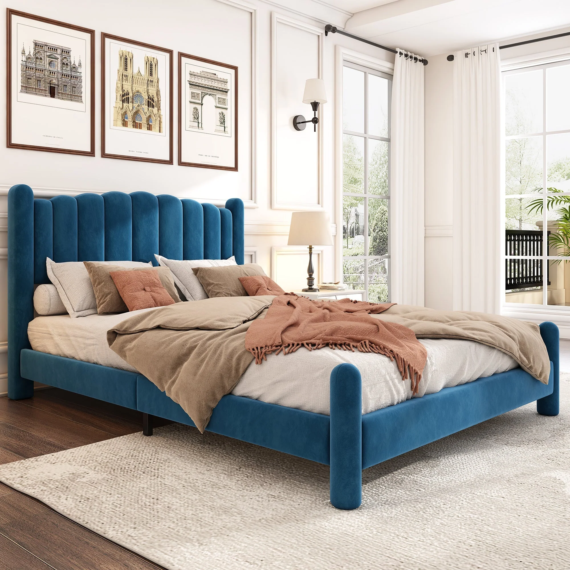 Upholstered Bed with Fan-Shaped Headboard and Slatted Base, 180x200cm, Blue Velvet - Image 2