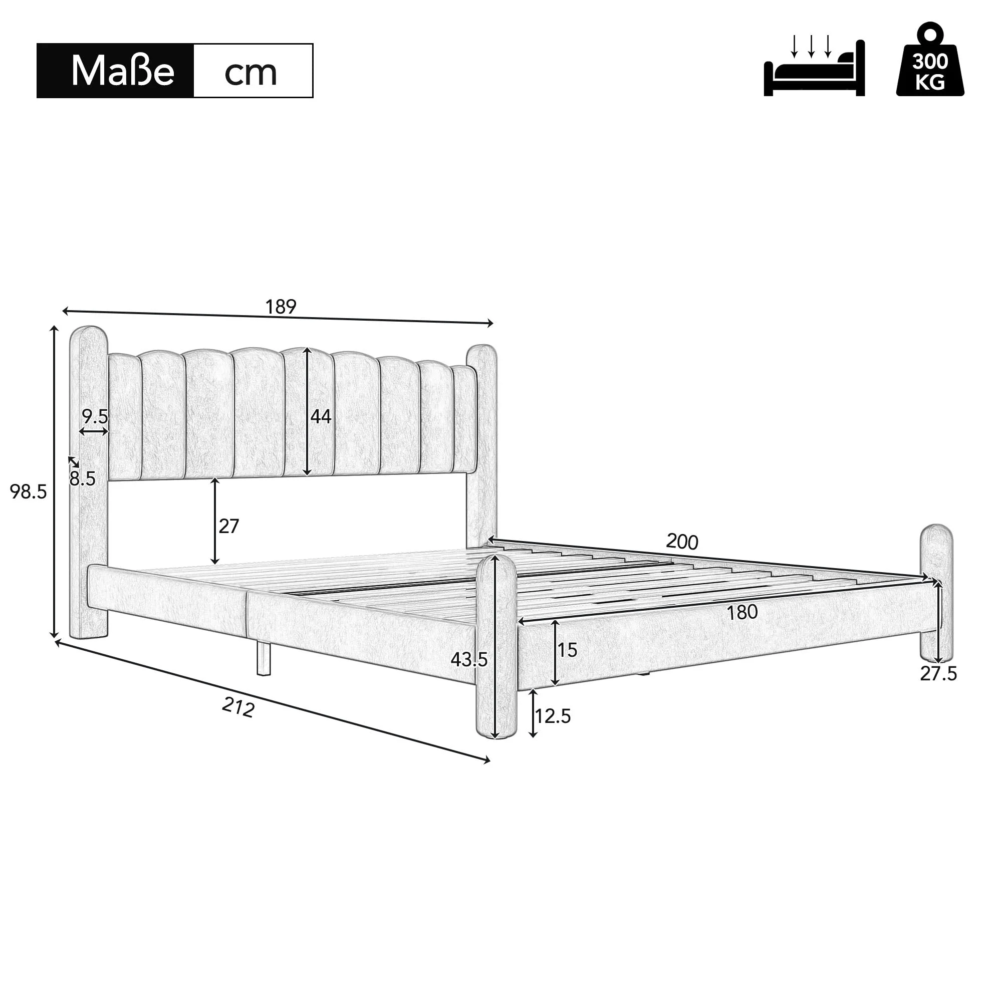 Upholstered Bed with Fan-Shaped Headboard and Slatted Base, 180x200cm, Blue Velvet - Image 7