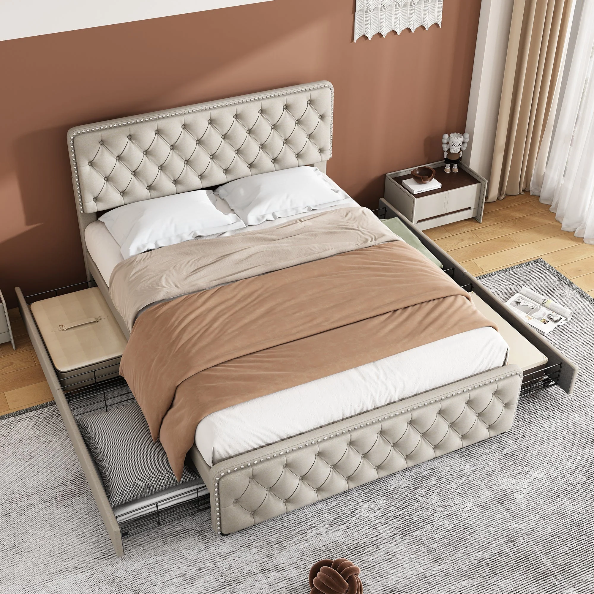 Upholstered Bed with Four Drawers and Adjustable Headboard, 140x200cm, Beige Linen - Image 5