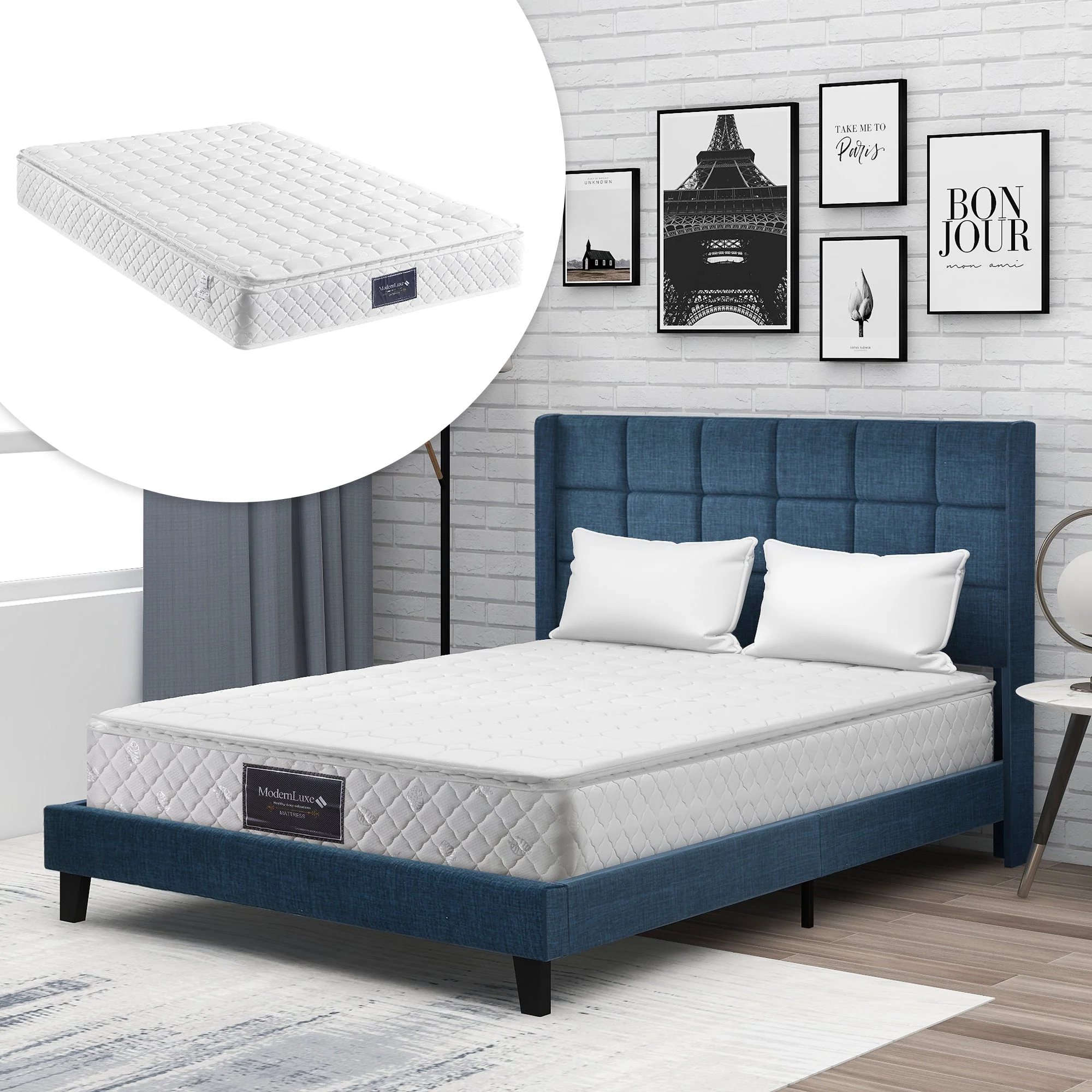 Upholstered Bed with Headboard, 140x200cm, Blue Linen - Image 3