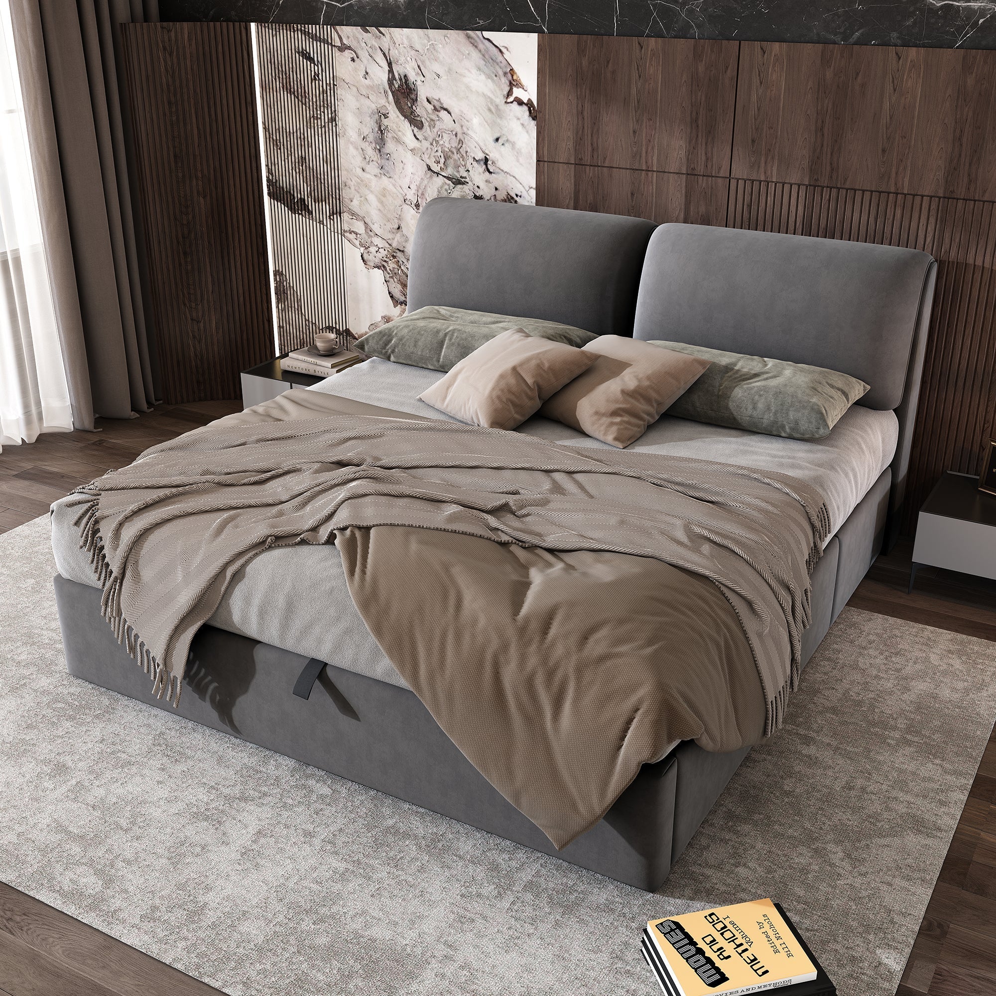 Upholstered Bed with Hydraulic Lift, 3 Drawers and Storage, 180x200cm, Grey Velvet - Image 2