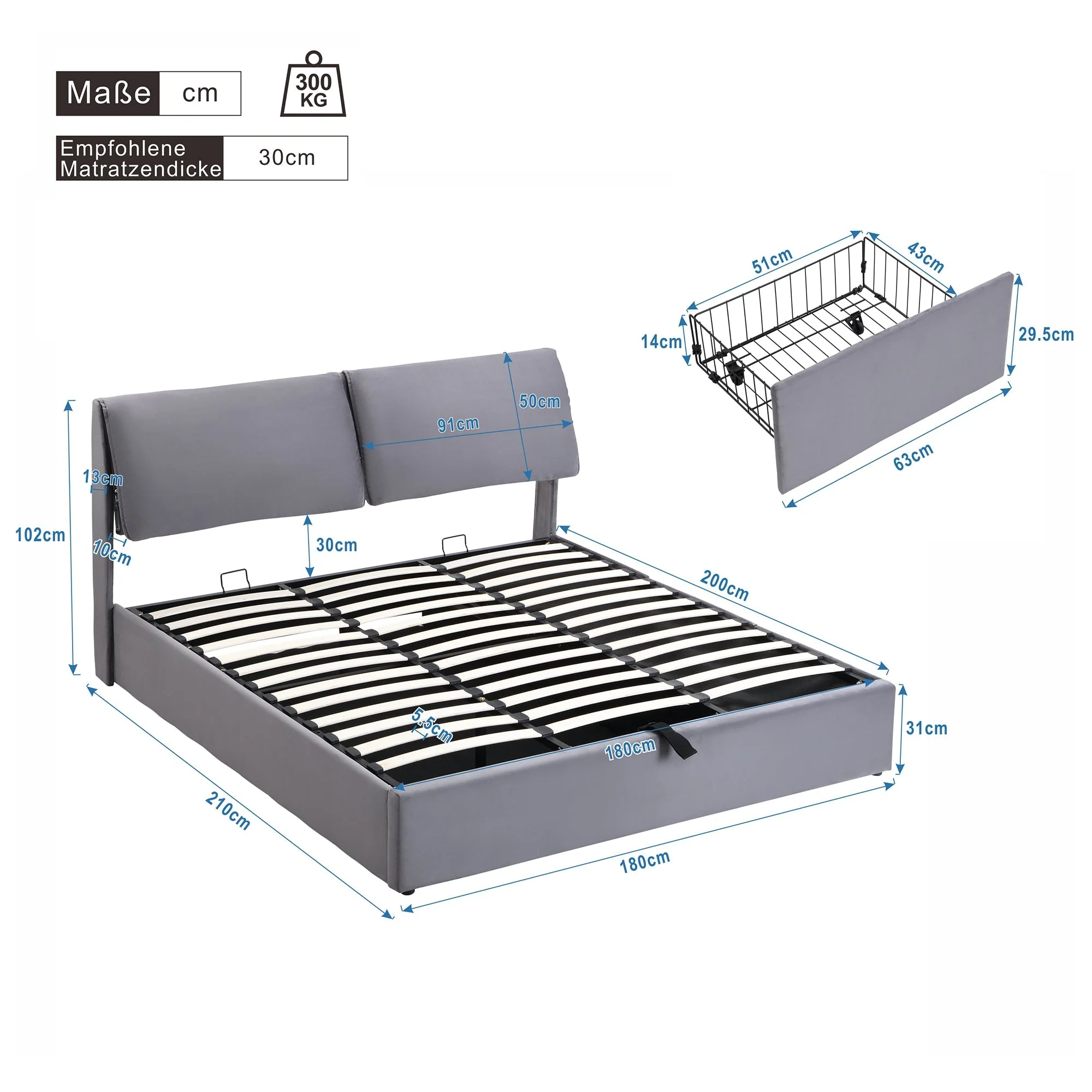 Upholstered Bed with Hydraulic Lift, 3 Drawers and Storage, 180x200cm, Grey Velvet - Image 7