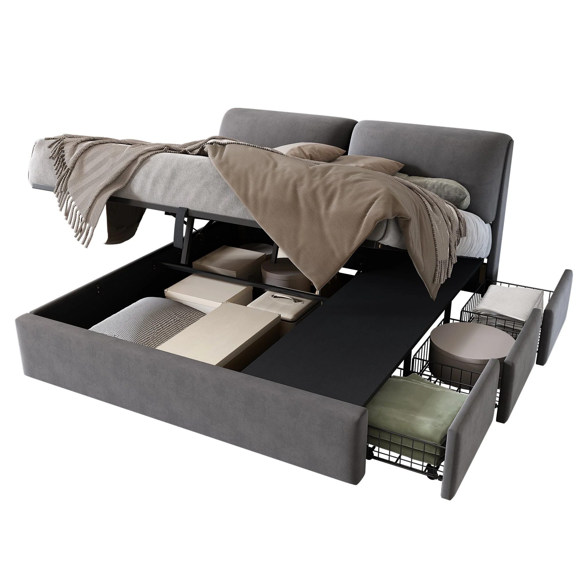 Upholstered Bed with Hydraulic Lift, 3 Drawers and Storage, 180x200cm, Grey Velvet - Image 8