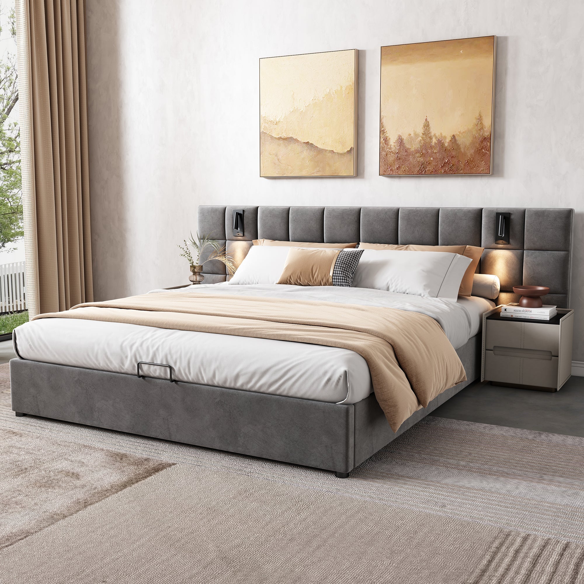 Upholstered Bed with Hydraulic Storage, Adjustable Lamp, USB and Checkerboard Headboard, 180x200cm, Grey Velvet - Image 4