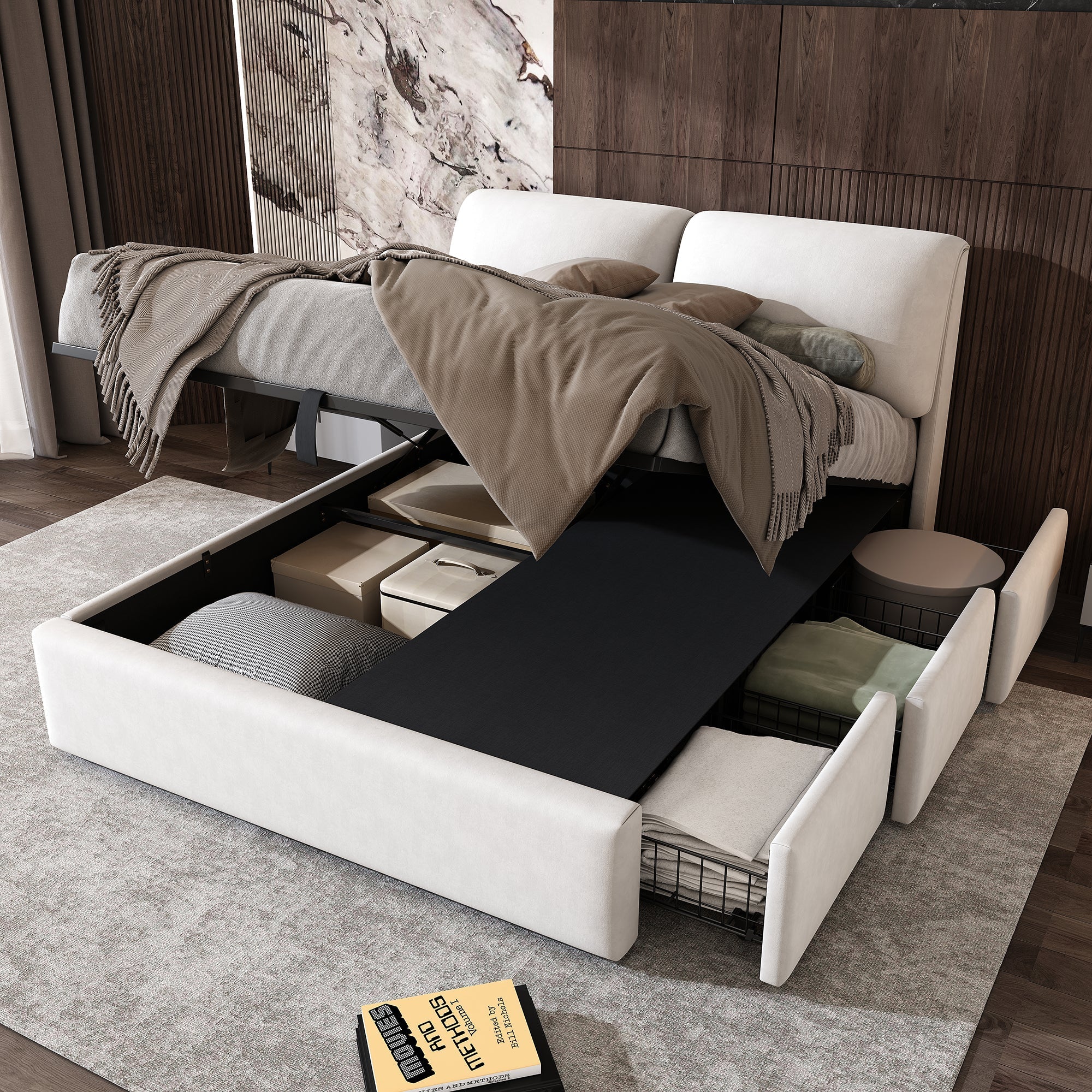 Upholstered Bed with Hydraulic Storage and 3 Drawers, 140x190cm, Beige Velvet
