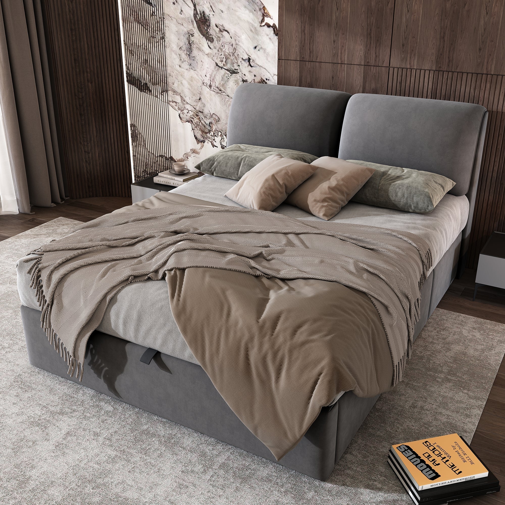 Upholstered Bed with Hydraulic Storage and 3 Drawers, 140x200cm, Grey Velvet - Image 2