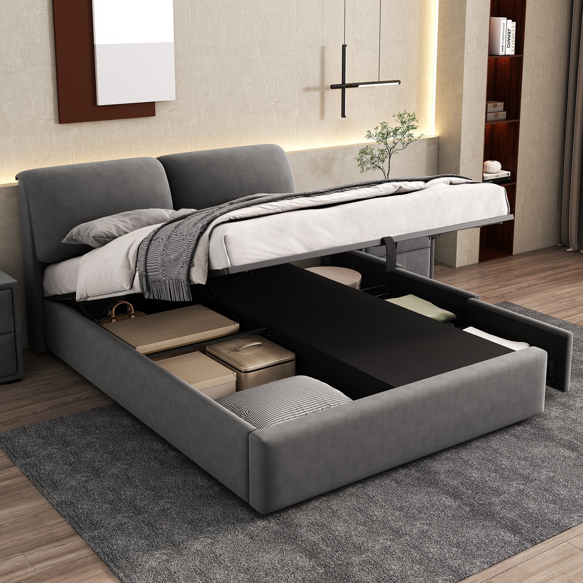 Upholstered Bed with Hydraulic Storage and 3 Drawers, 140x200cm, Grey Velvet - Image 3