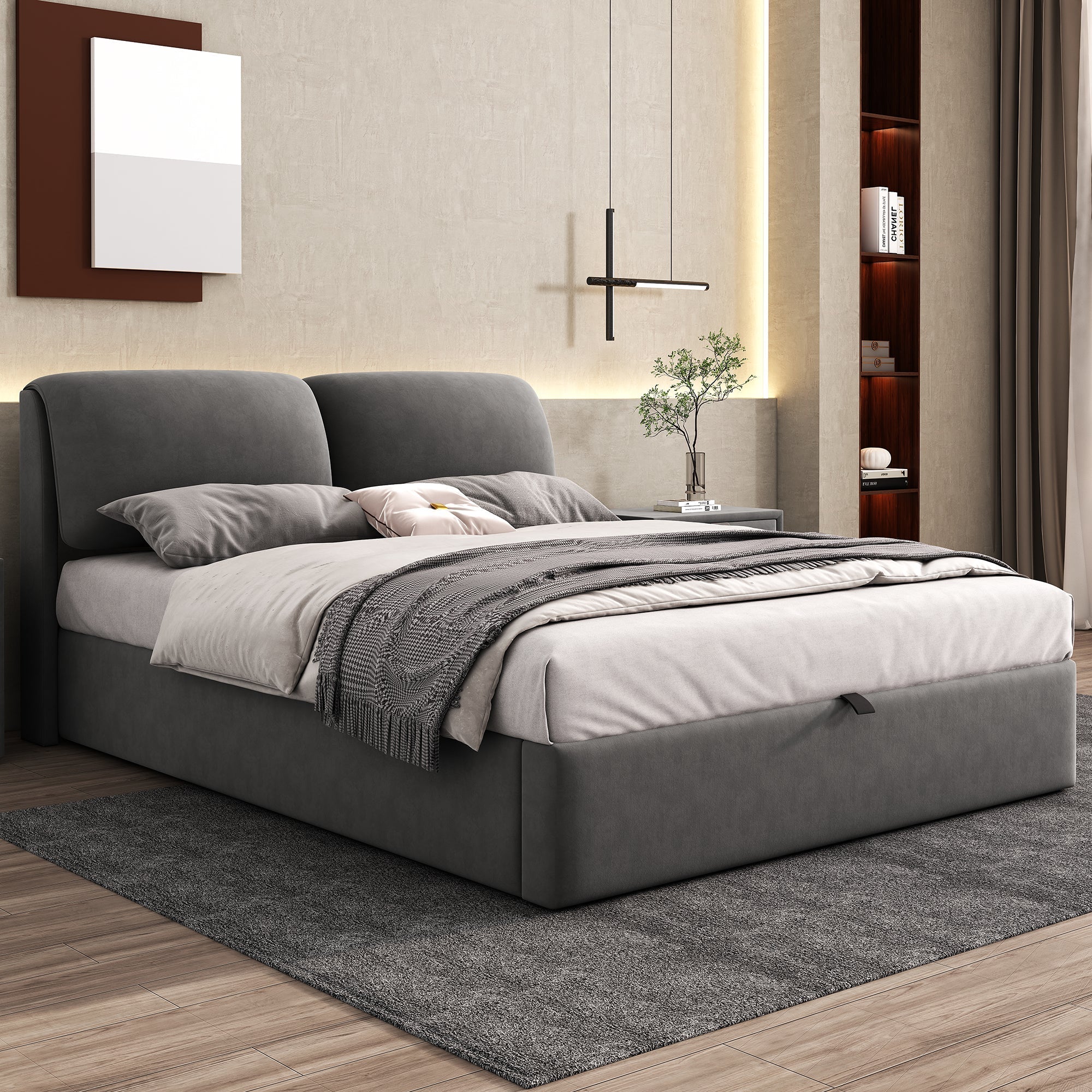 Upholstered Bed with Hydraulic Storage and 3 Drawers, 140x200cm, Grey Velvet - Image 4