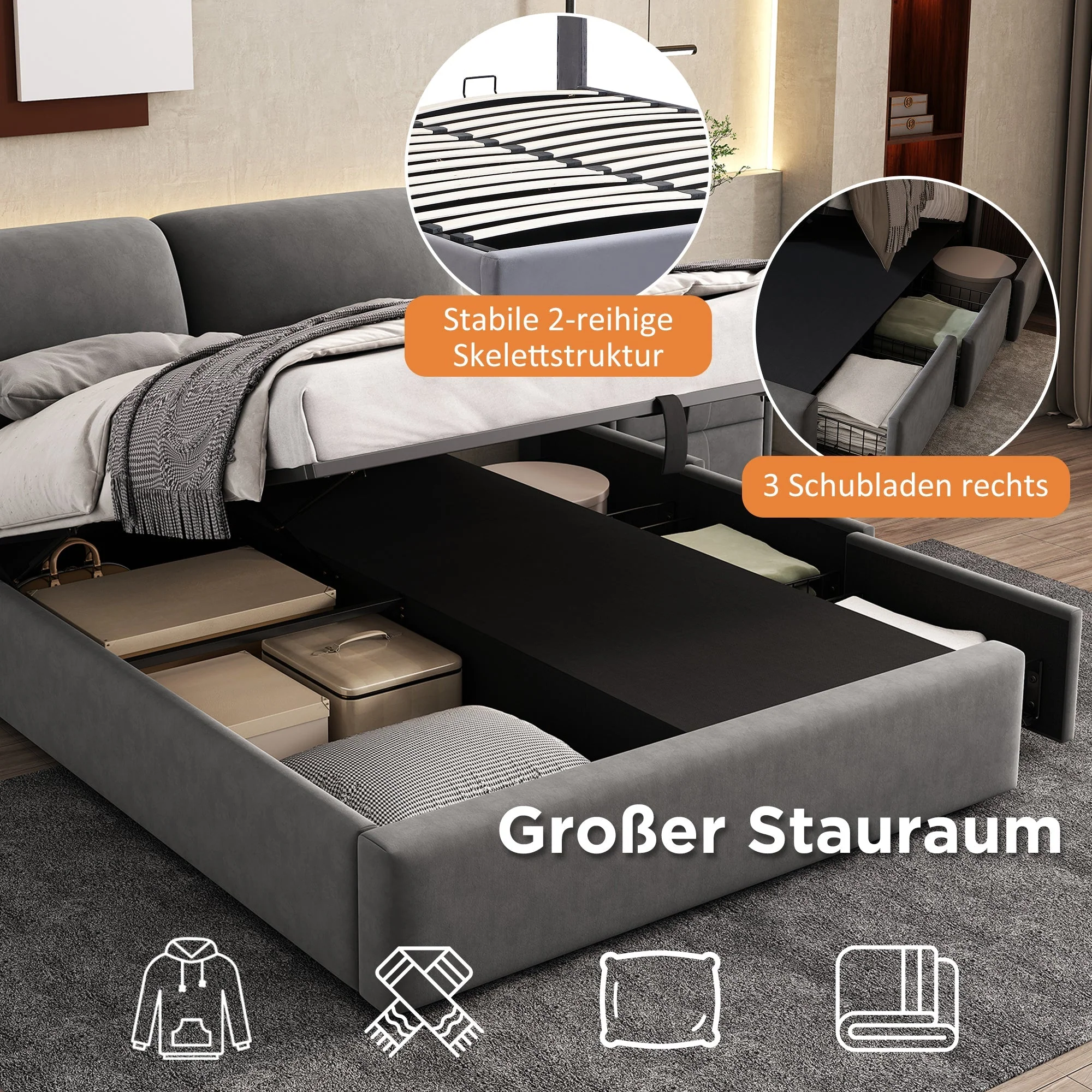 Upholstered Bed with Hydraulic Storage and 3 Drawers, 140x200cm, Grey Velvet - Image 5