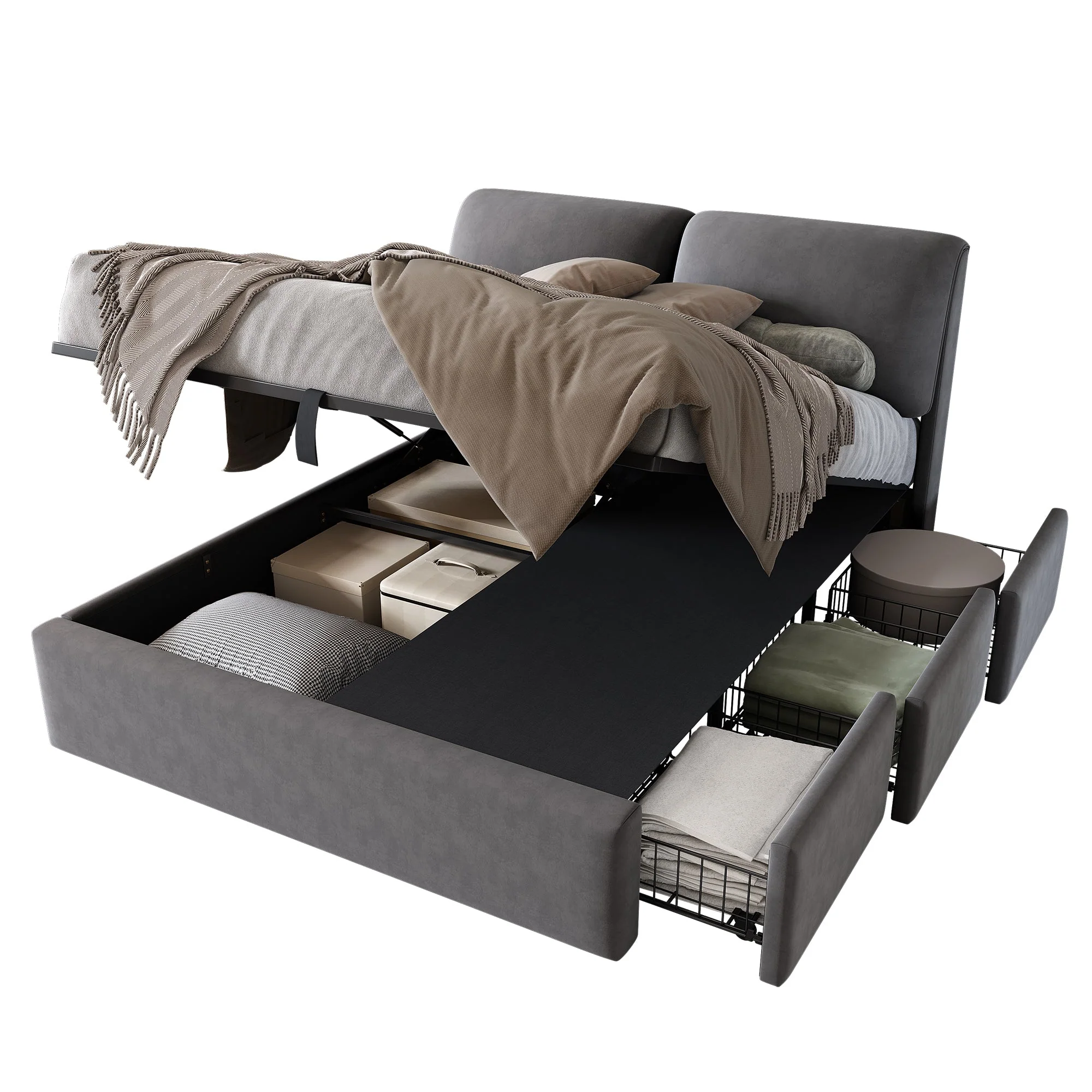 Upholstered Bed with Hydraulic Storage and 3 Drawers, 140x200cm, Grey Velvet - Image 7