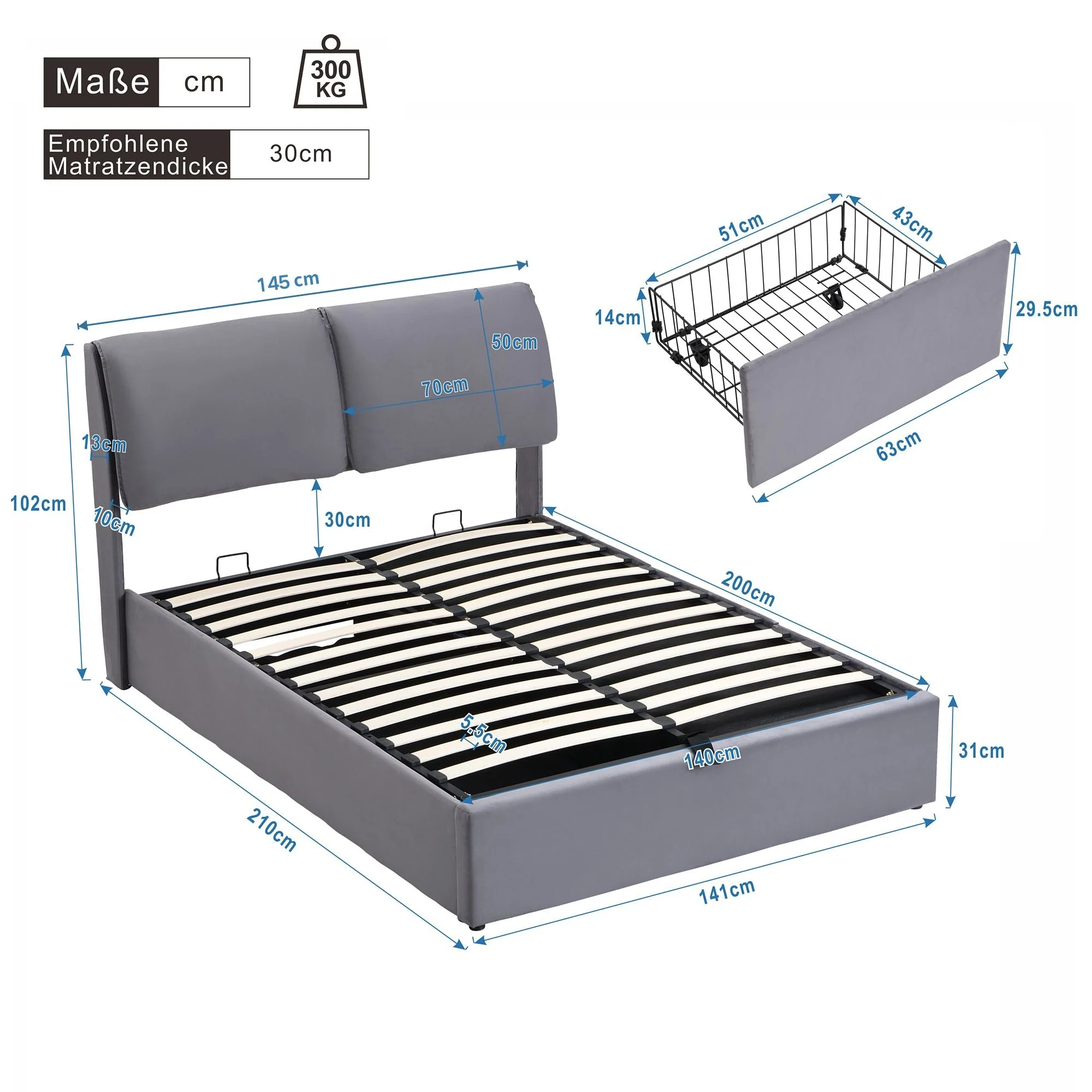 Upholstered Bed with Hydraulic Storage and 3 Drawers, 140x200cm, Grey Velvet - Image 8