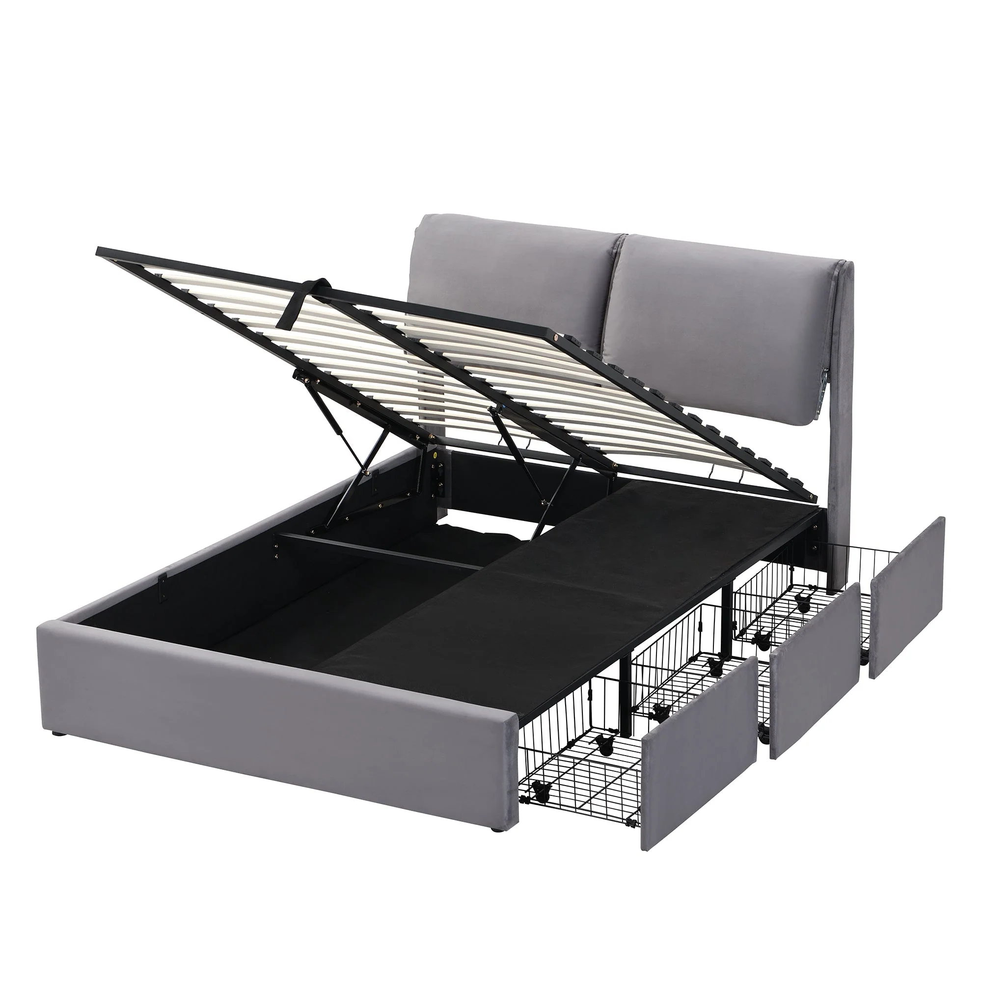 Upholstered Bed with Hydraulic Storage and 3 Drawers, 140x200cm, Grey Velvet - Image 9