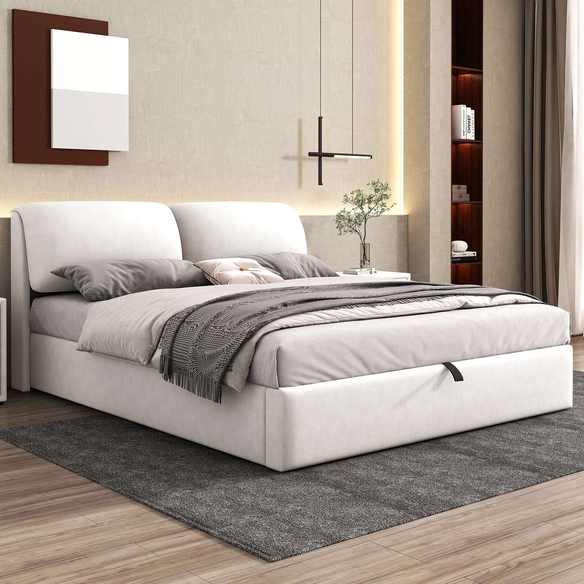 Upholstered Bed with Hydraulic Storage and 3 Drawers, 180x200cm, Beige Velvet - Image 3