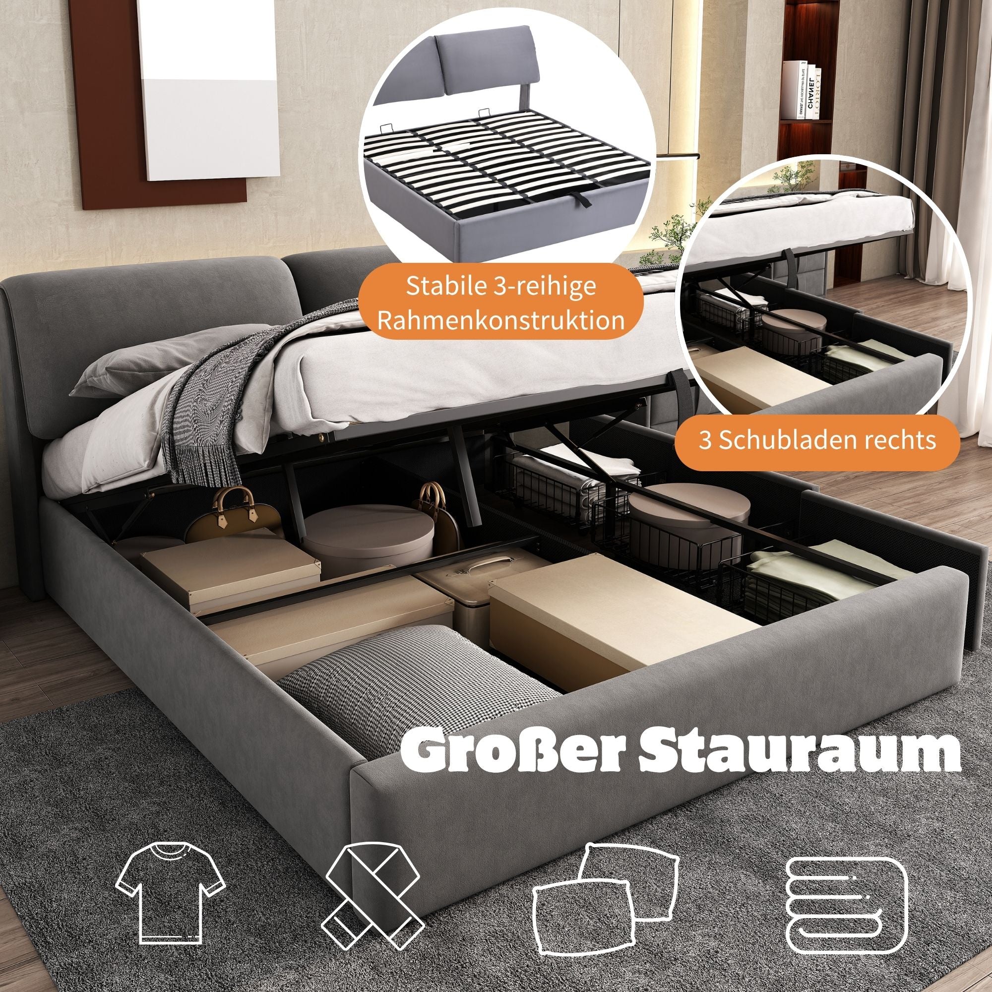 Upholstered Bed with Hydraulic Storage and 3 Drawers, 180x200cm, Grey Velvet - Image 6