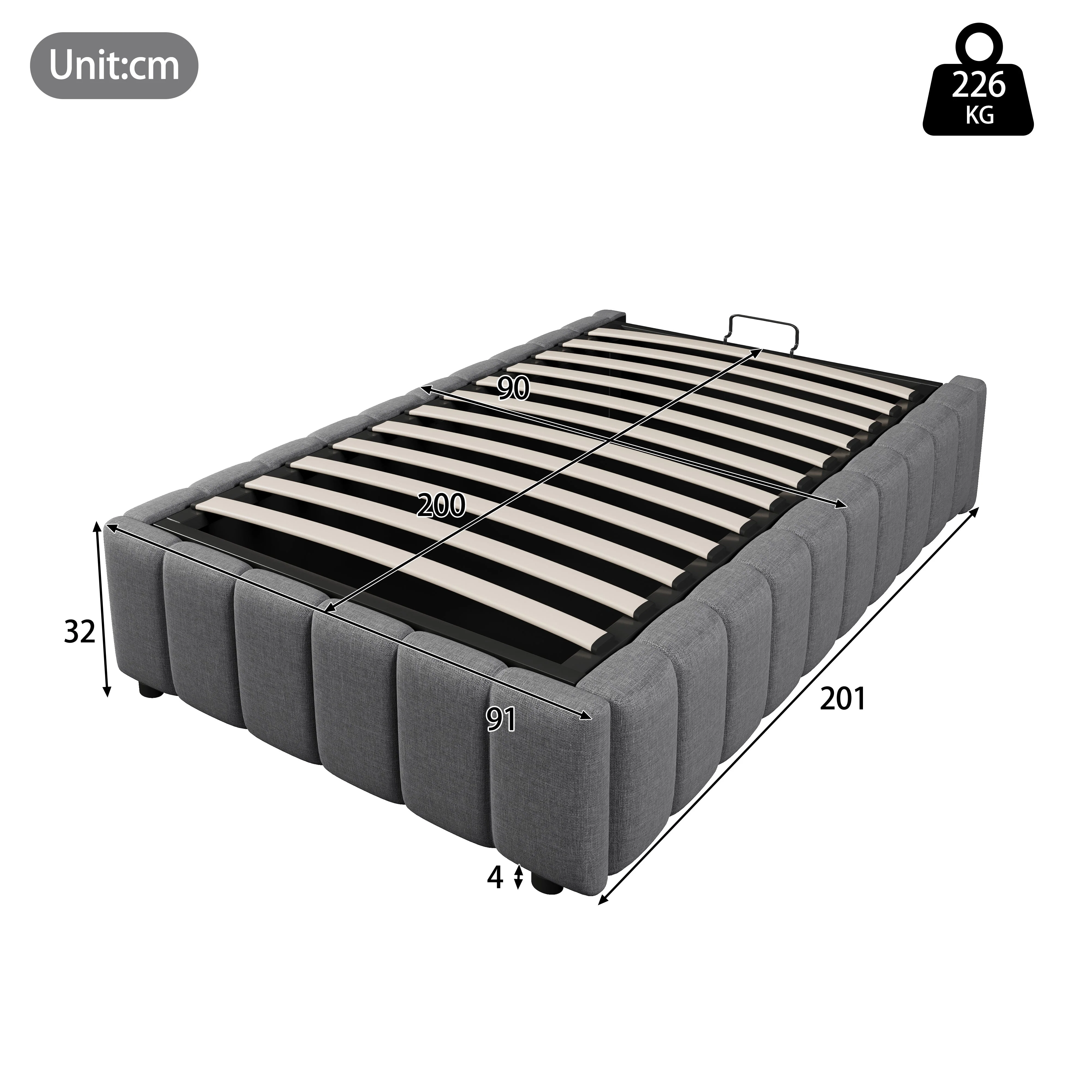 Upholstered Bed with Hydraulic Storage and 90x200cm Base, Grey - Image 8