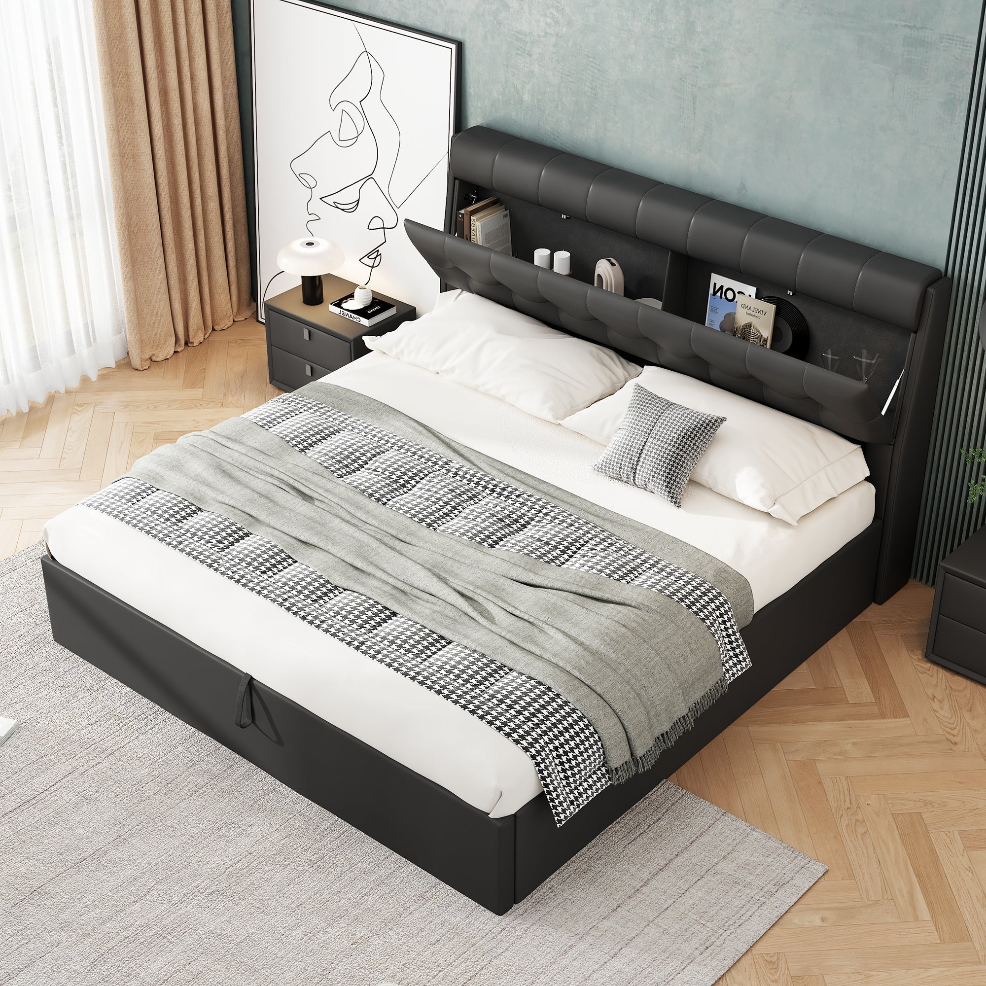 Upholstered Bed with Hydraulic Storage and Concealed Headboard Shelf, 180x200cm, Black PU - Image 3