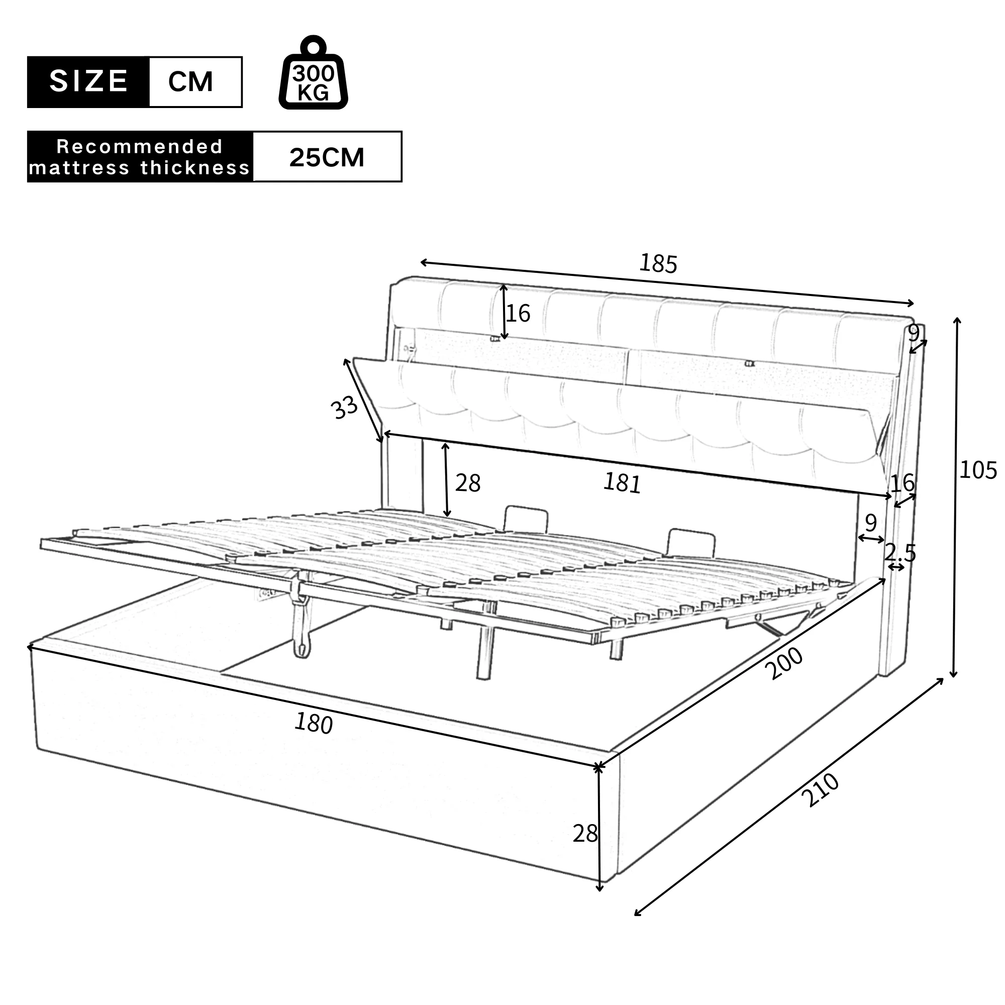 Upholstered Bed with Hydraulic Storage and Concealed Headboard Shelf, 180x200cm, Black PU - Image 7