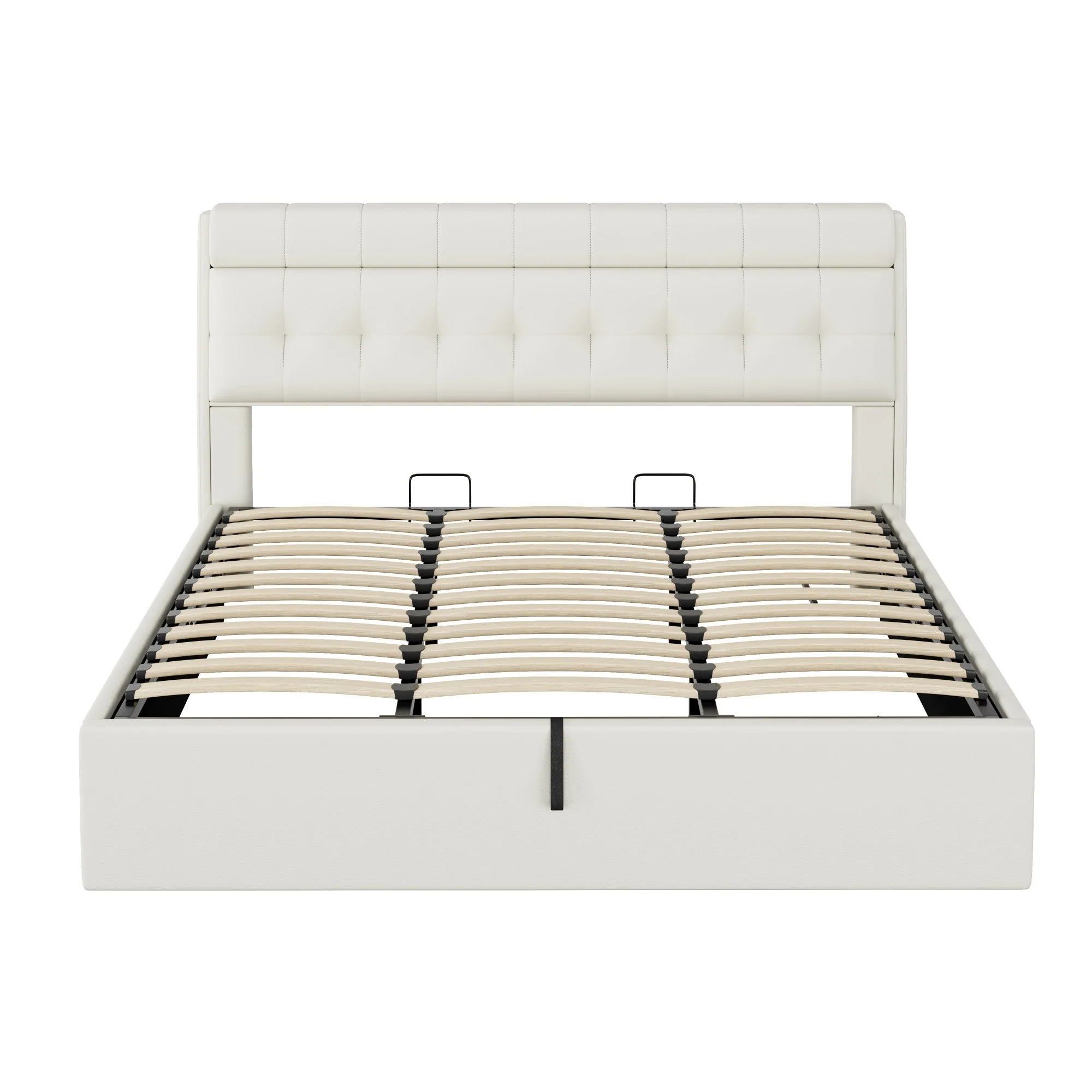Upholstered Bed with Hydraulic Storage and Concealed Headboard Shelf, 180x200cm, White PU - Image 8