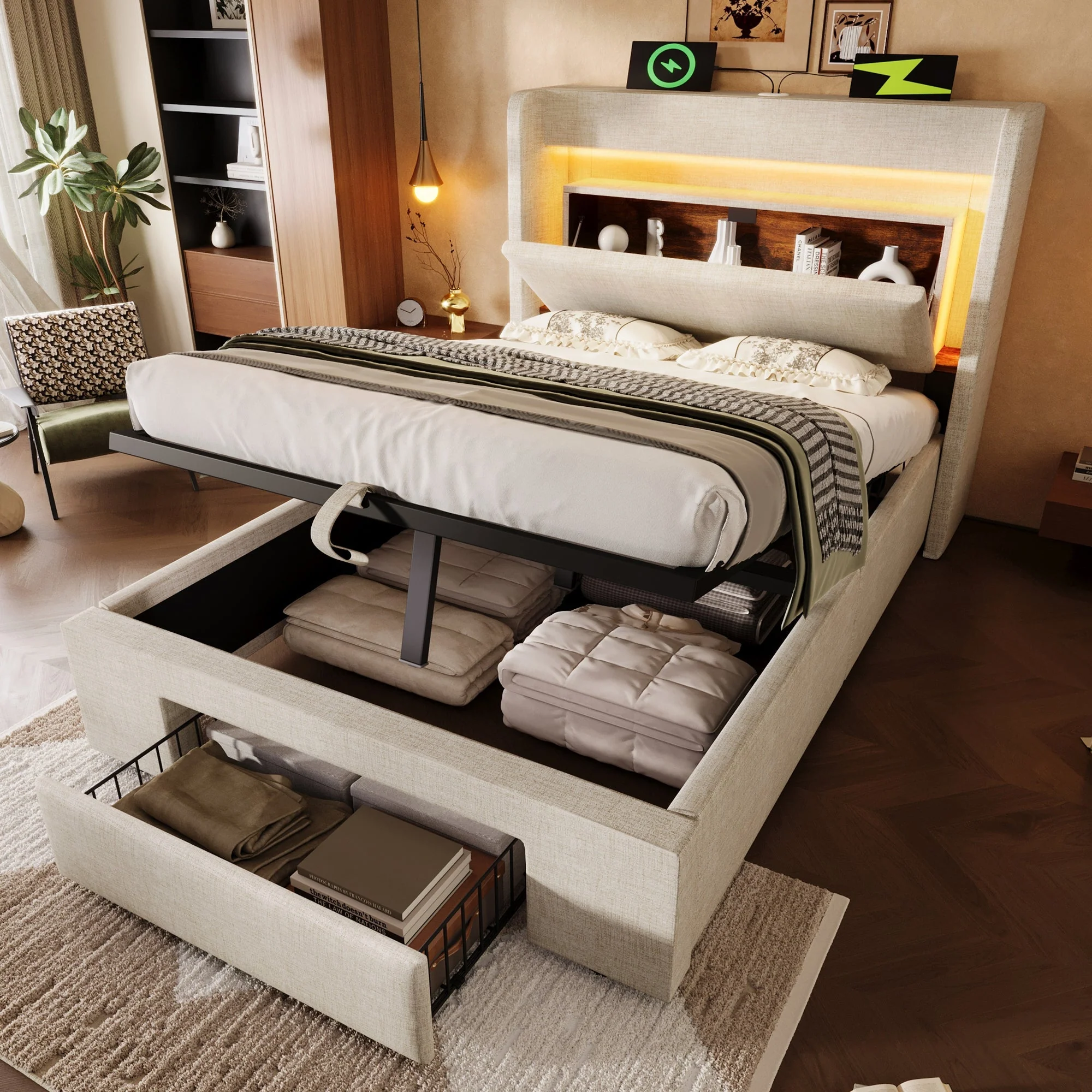 Upholstered Bed with Hydraulic Storage and LED Headboard, 90x200 cm with Mattress, Beige Linen - Image 9