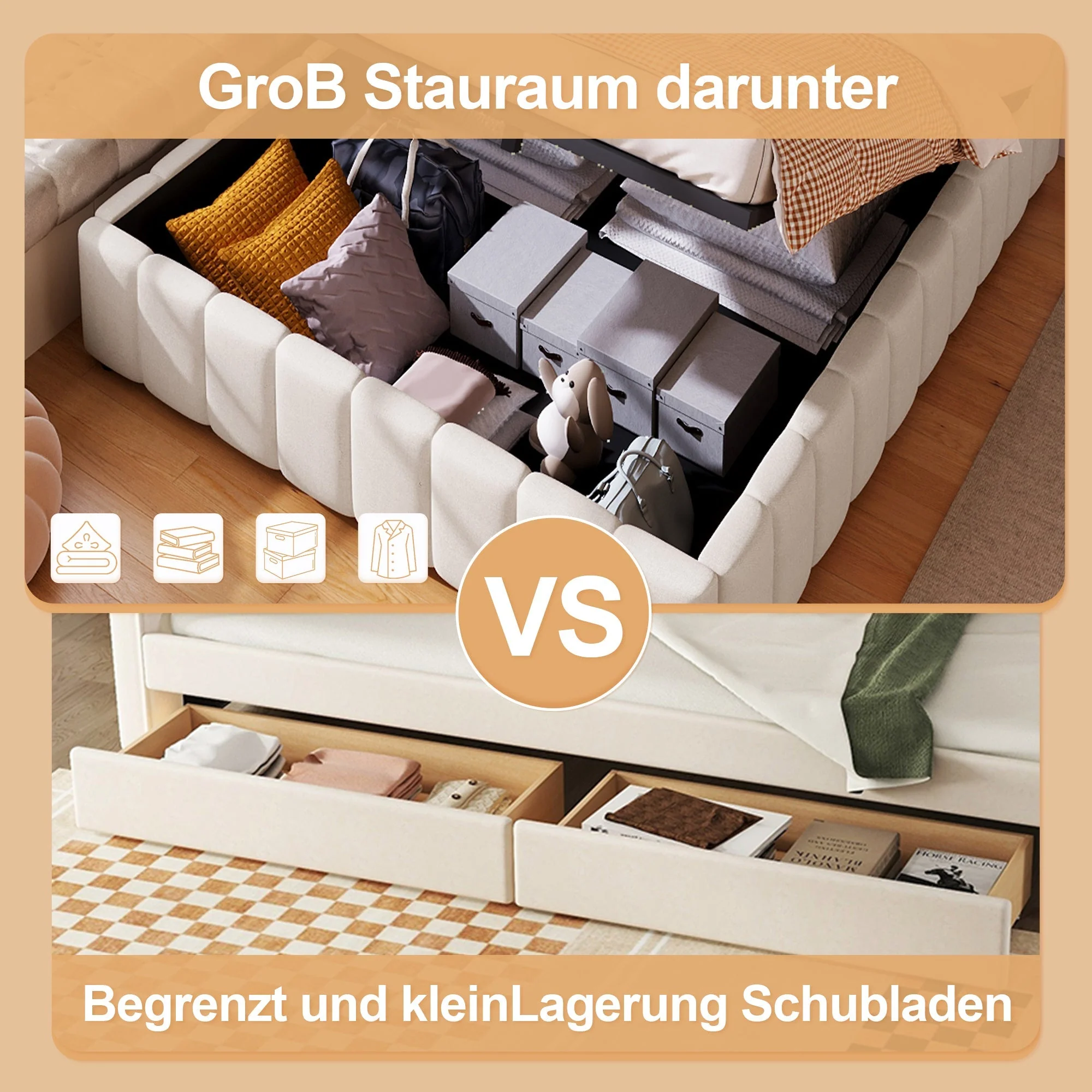 Upholstered Bed with Hydraulic Storage and No Headboard, 140x200cm, Beige - Image 2