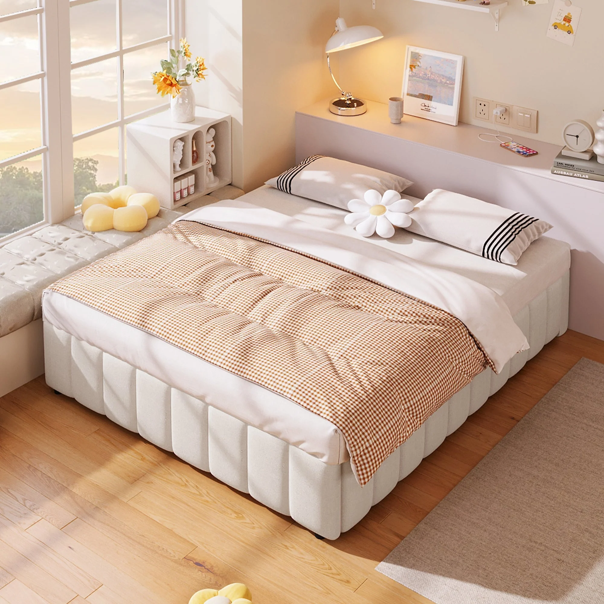 Upholstered Bed with Hydraulic Storage and No Headboard, 140x200cm, Beige - Image 6