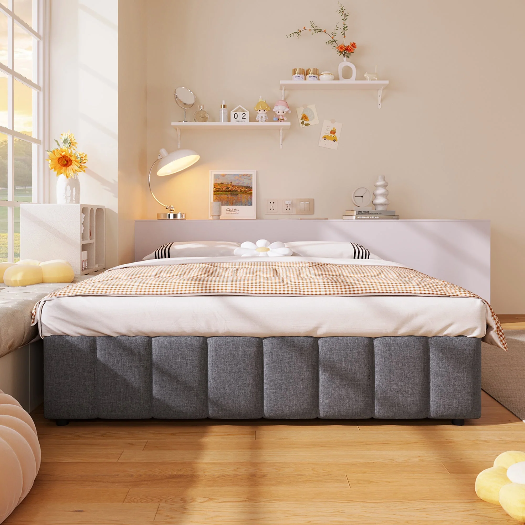 Upholstered Bed with Hydraulic Storage and No Headboard, 140x200cm, Grey Linen - Image 6