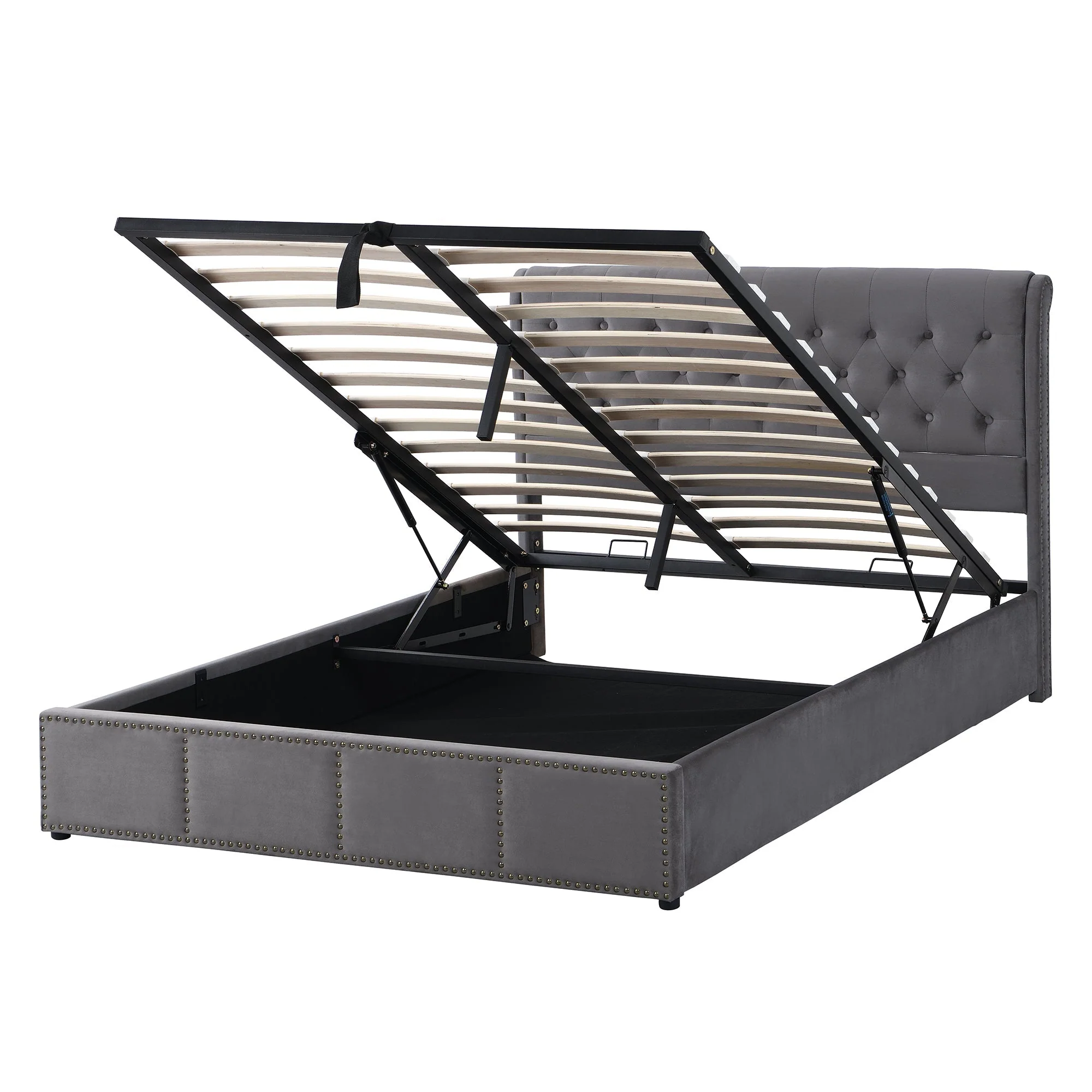 Upholstered Bed with Hydraulic Storage and Studded Decoration, 140x200cm, Grey Velvet - Image 4