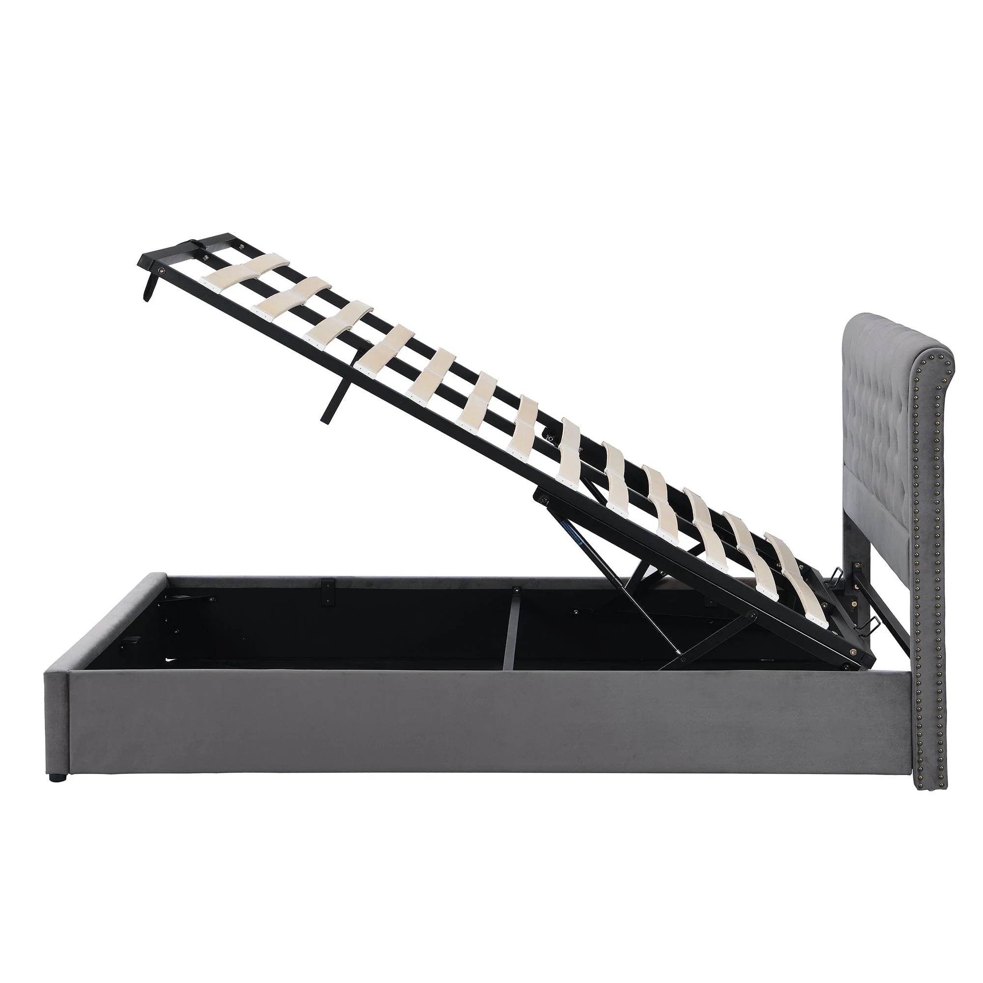 Upholstered Bed with Hydraulic Storage and Studded Decoration, 140x200cm, Grey Velvet - Image 5