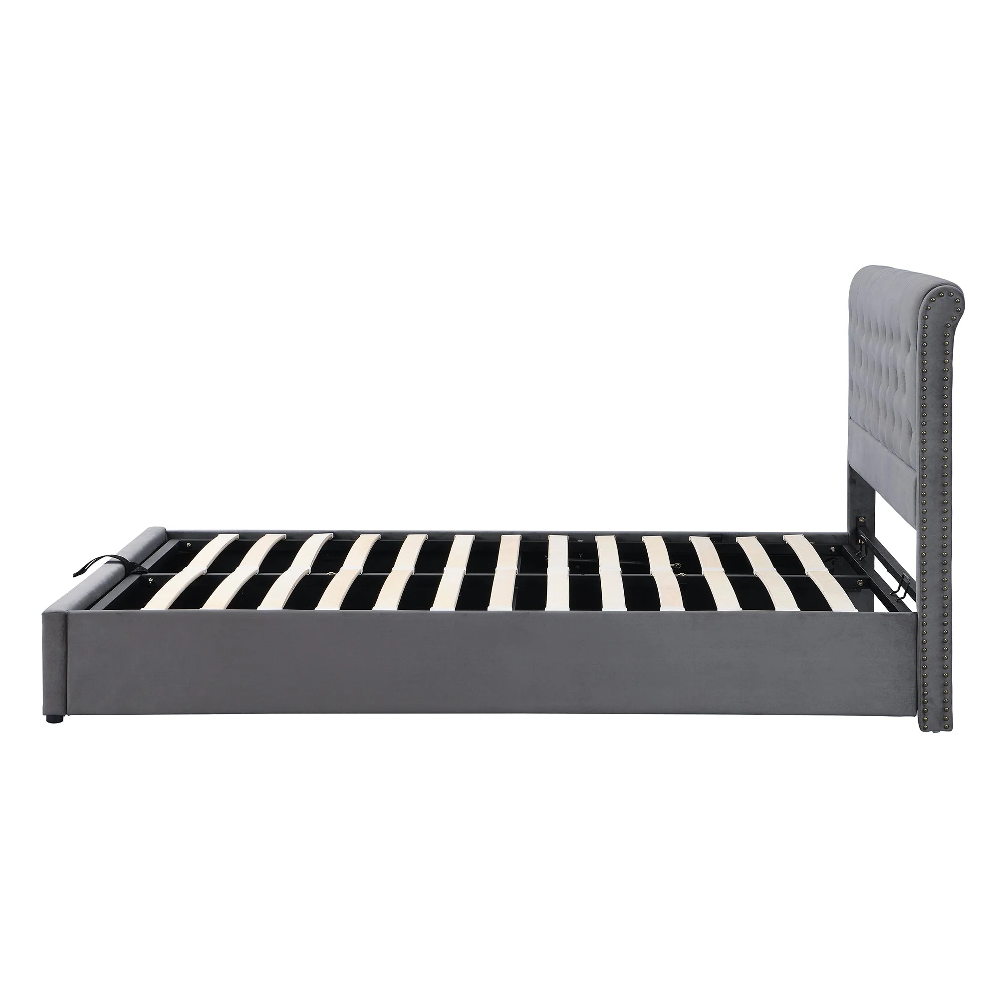 Upholstered Bed with Hydraulic Storage and Studded Decoration, 140x200cm, Grey Velvet - Image 9