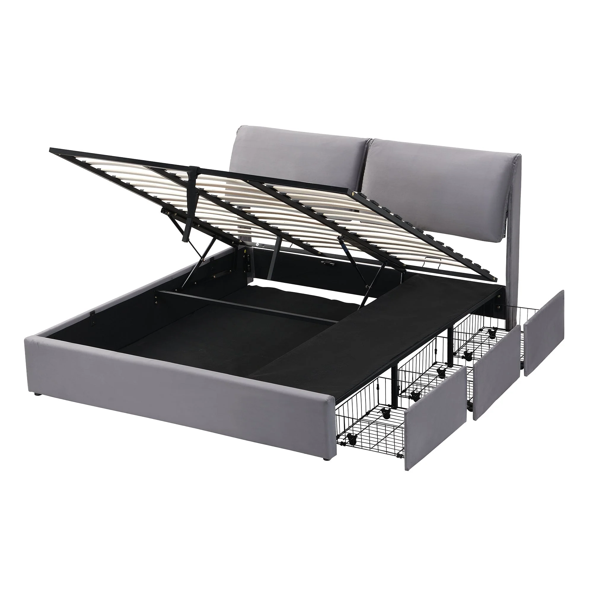Upholstered Bed with Hydraulic Storage and Three Drawers, 160x200cm, Grey Velvet - Image 9