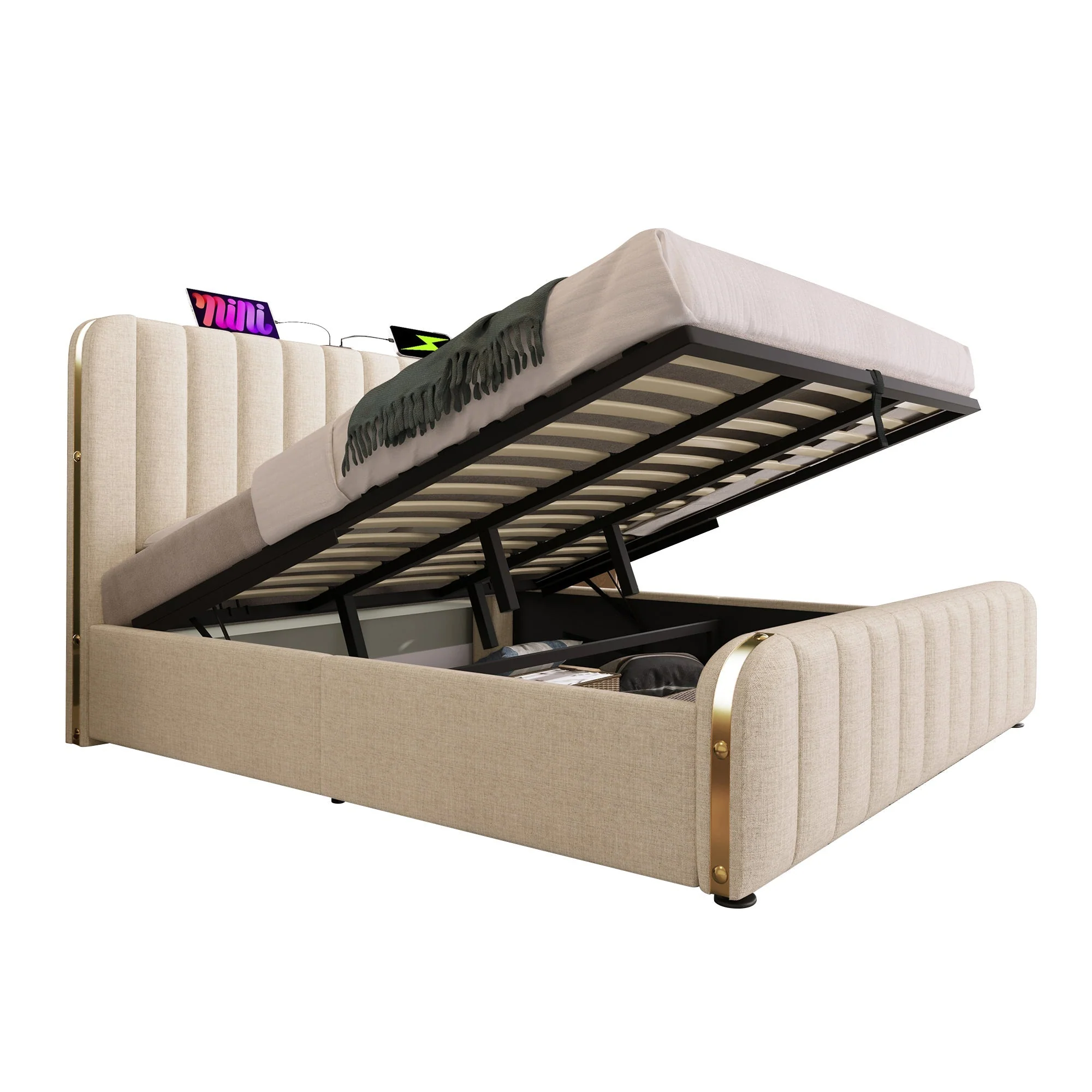 Upholstered Bed with Hydraulic Storage and USB Type-C Charging, 180x200cm, Beige Linen - Image 6