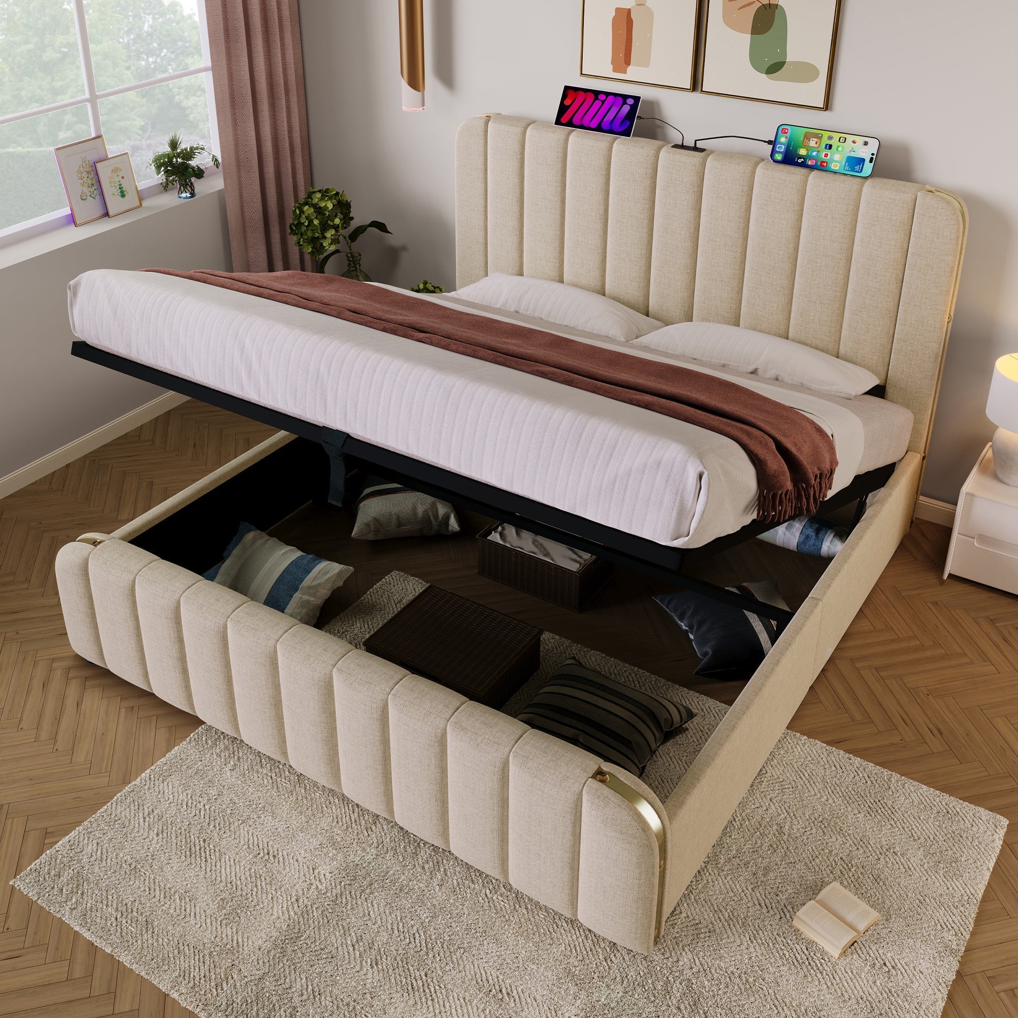 Upholstered Bed with Hydraulic Storage and USB Type-C Charging, 180x200cm, Beige Linen - Image 8
