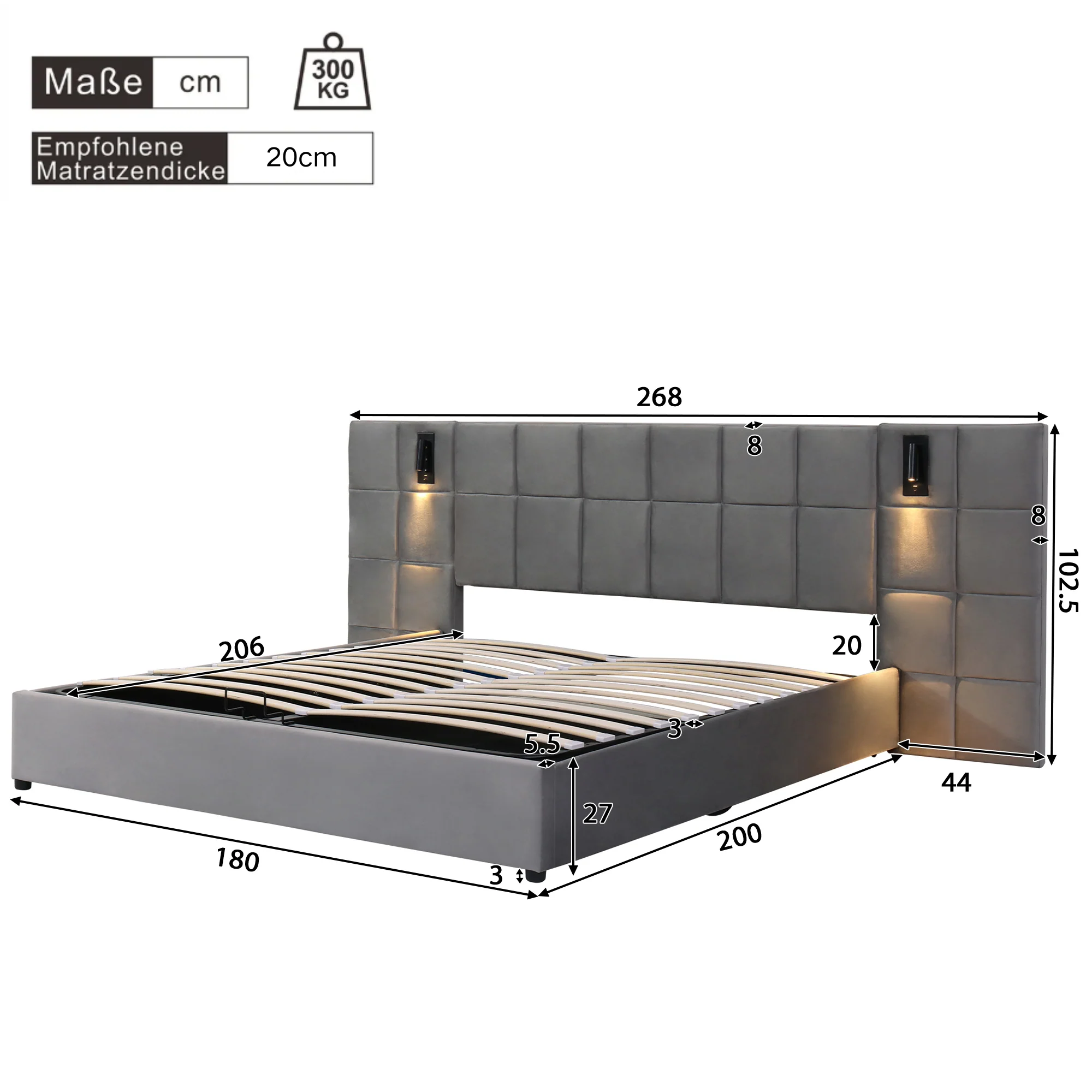 Upholstered Bed with Hydraulic Storage, Lamp and USB Charging, 180x200cm, Grey Velvet - Image 8