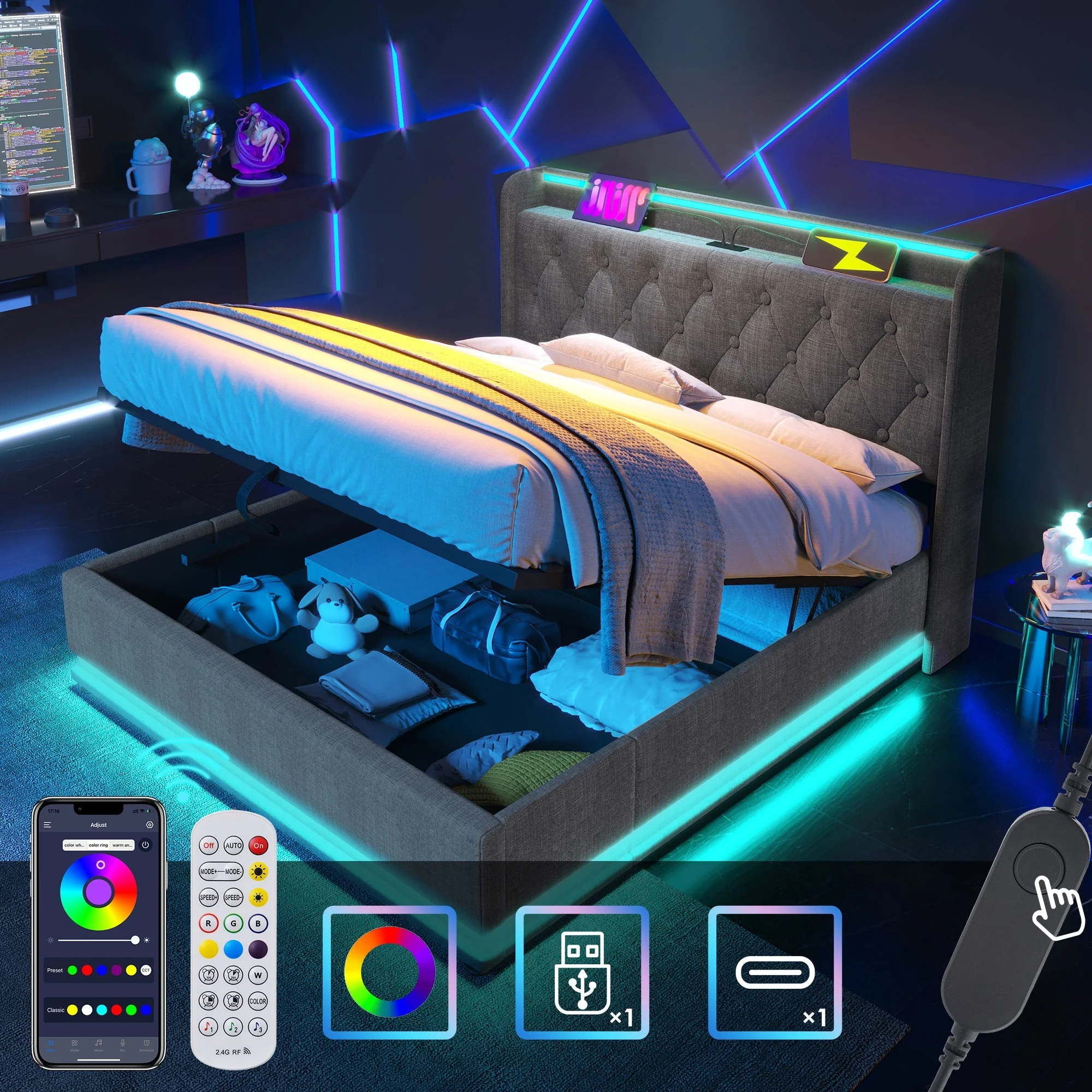 Upholstered Bed with LED, Hydraulic Storage and USB Type-C, 180x200cm, Grey