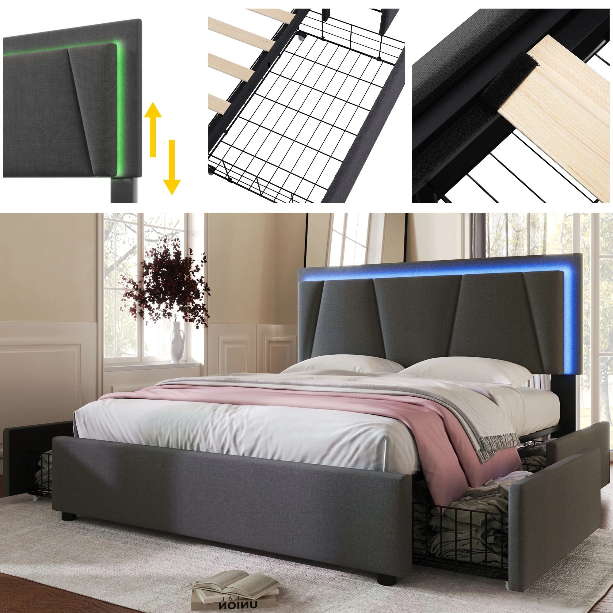 Upholstered Bed with LED Lighting, 4 Drawers and Adjustable Headboard, 160x200cm, Grey Wood - Image 3