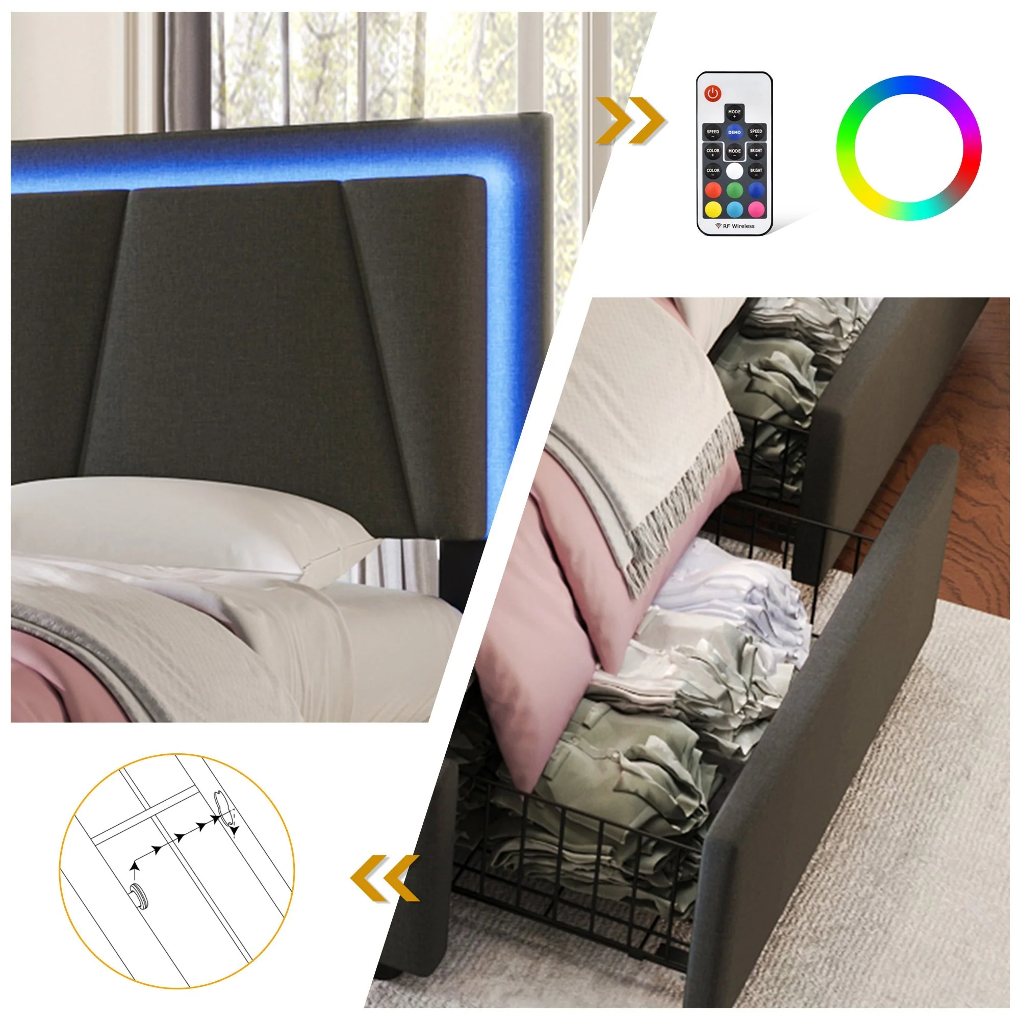 Upholstered Bed with LED Lighting, 4 Drawers and Adjustable Headboard, 160x200cm, Grey Wood - Image 4