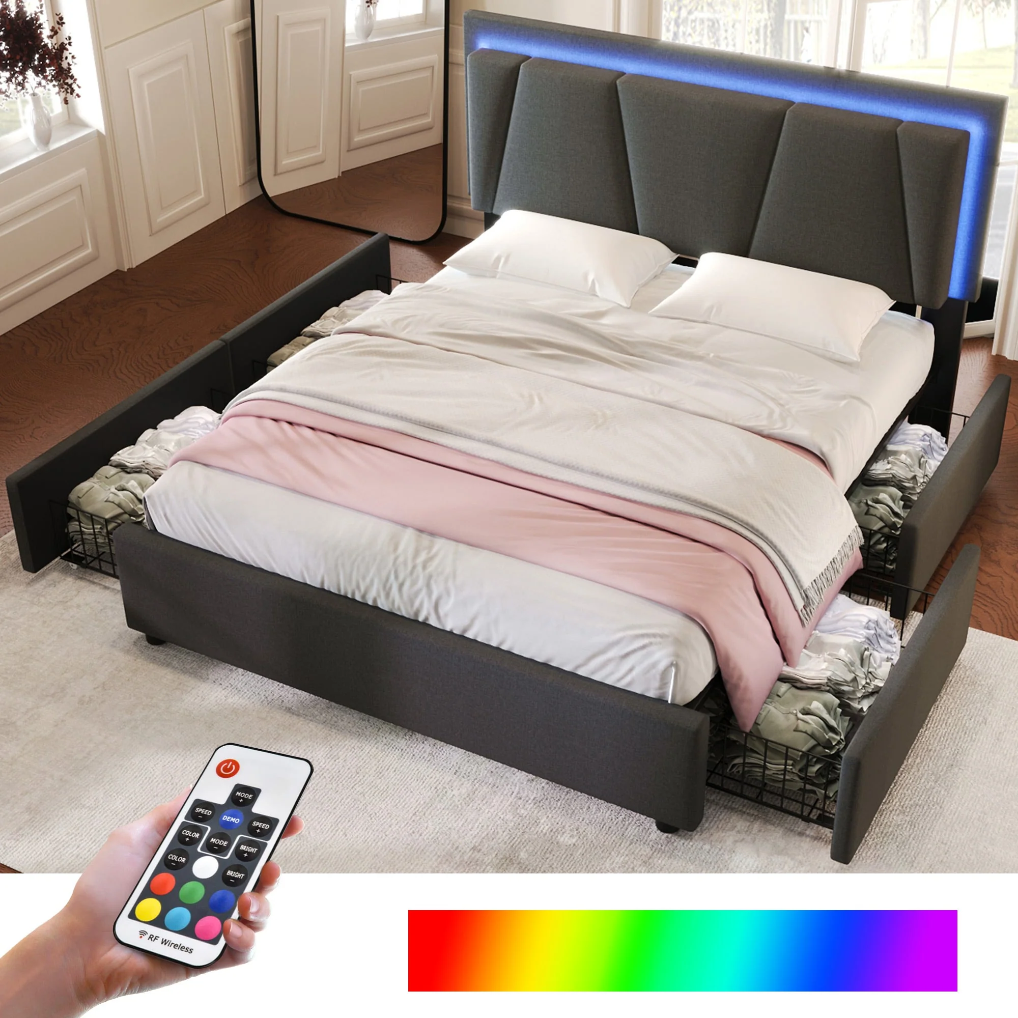 Upholstered Bed with LED Lighting, 4 Drawers and Adjustable Headboard, 160x200cm, Grey Wood - Image 6