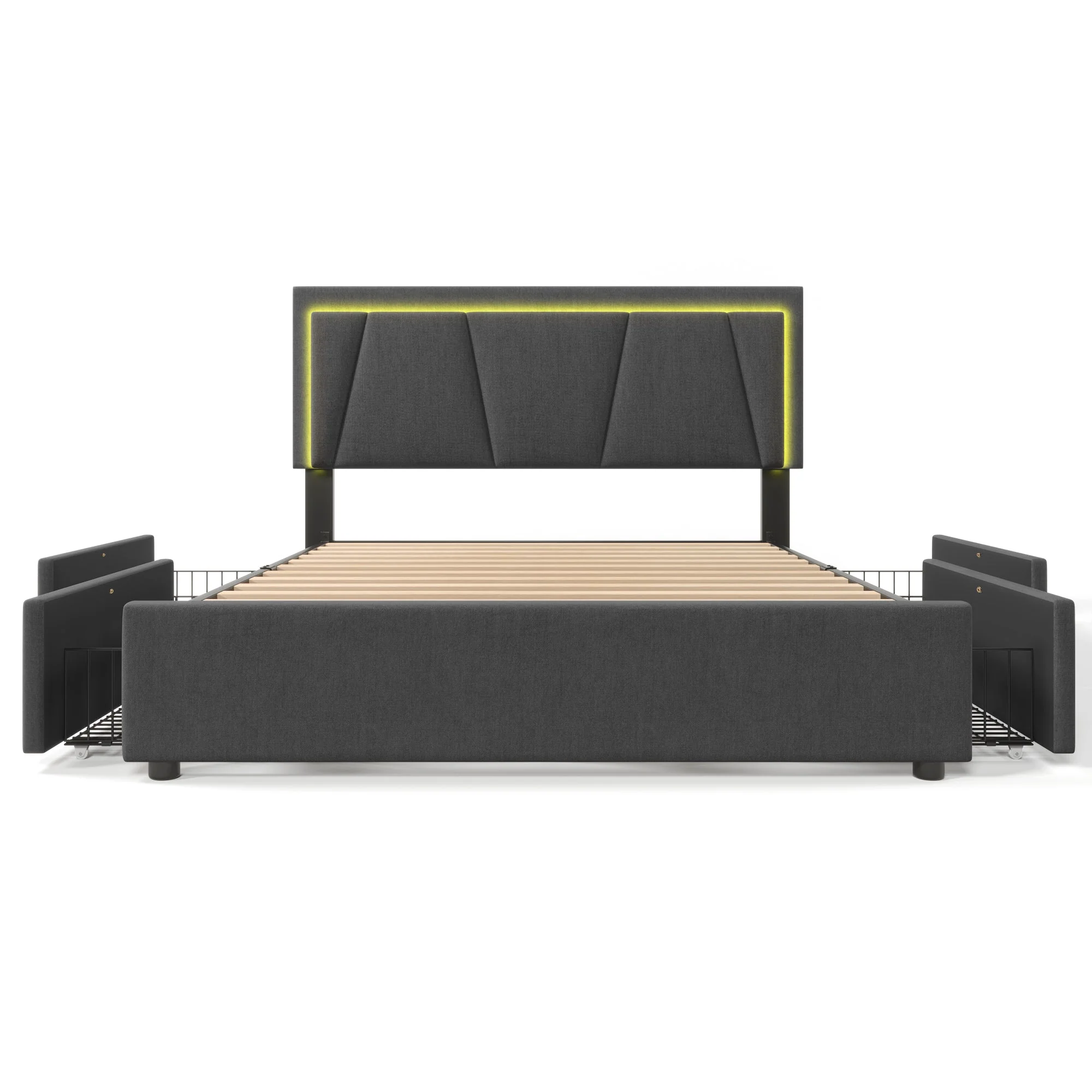 Upholstered Bed with LED Lighting, 4 Drawers and Adjustable Headboard, 160x200cm, Grey Wood - Image 7