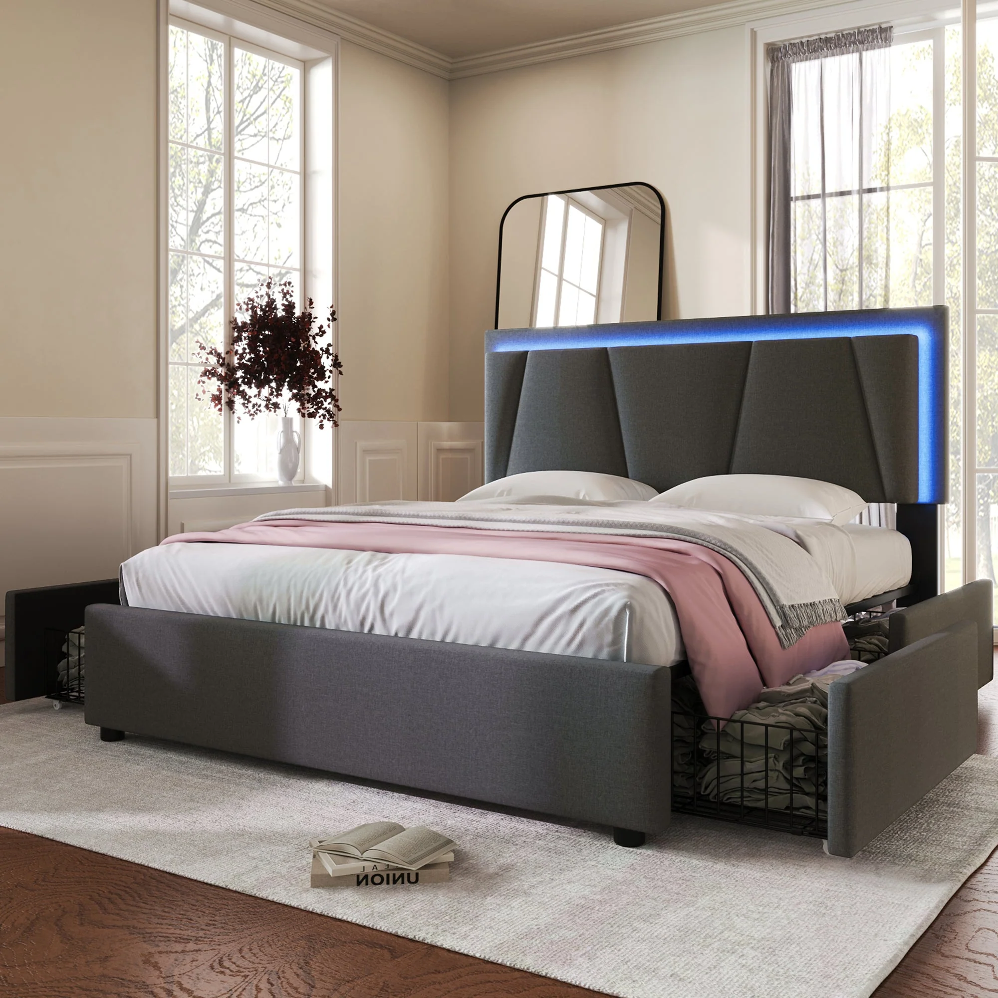 Upholstered Bed with LED Lighting, 4 Drawers and Adjustable Headboard, 160x200cm, Grey Wood - Image 9