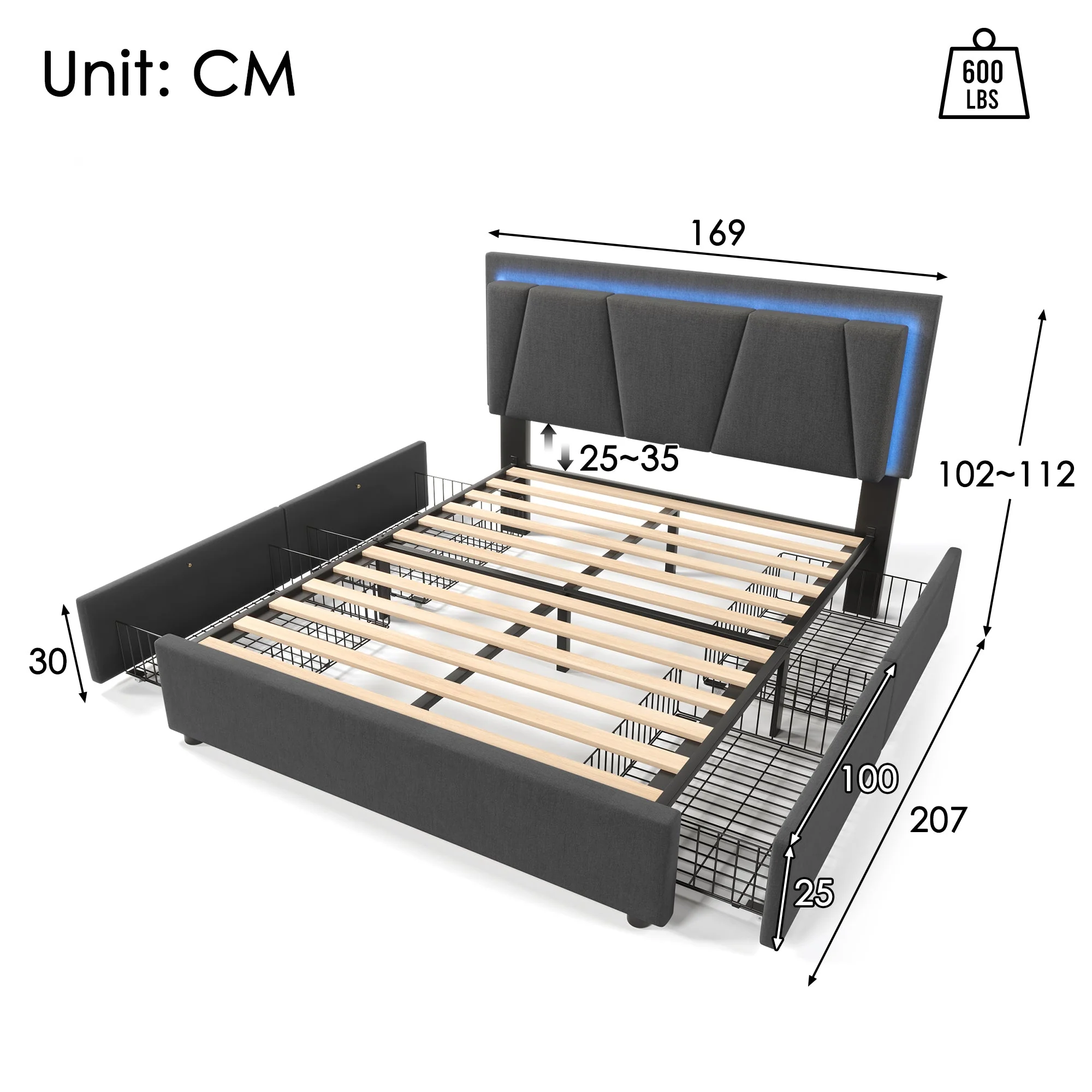 Upholstered Bed with LED Lighting, 4 Drawers, Height-Adjustable Headboard, Gray - Image 2